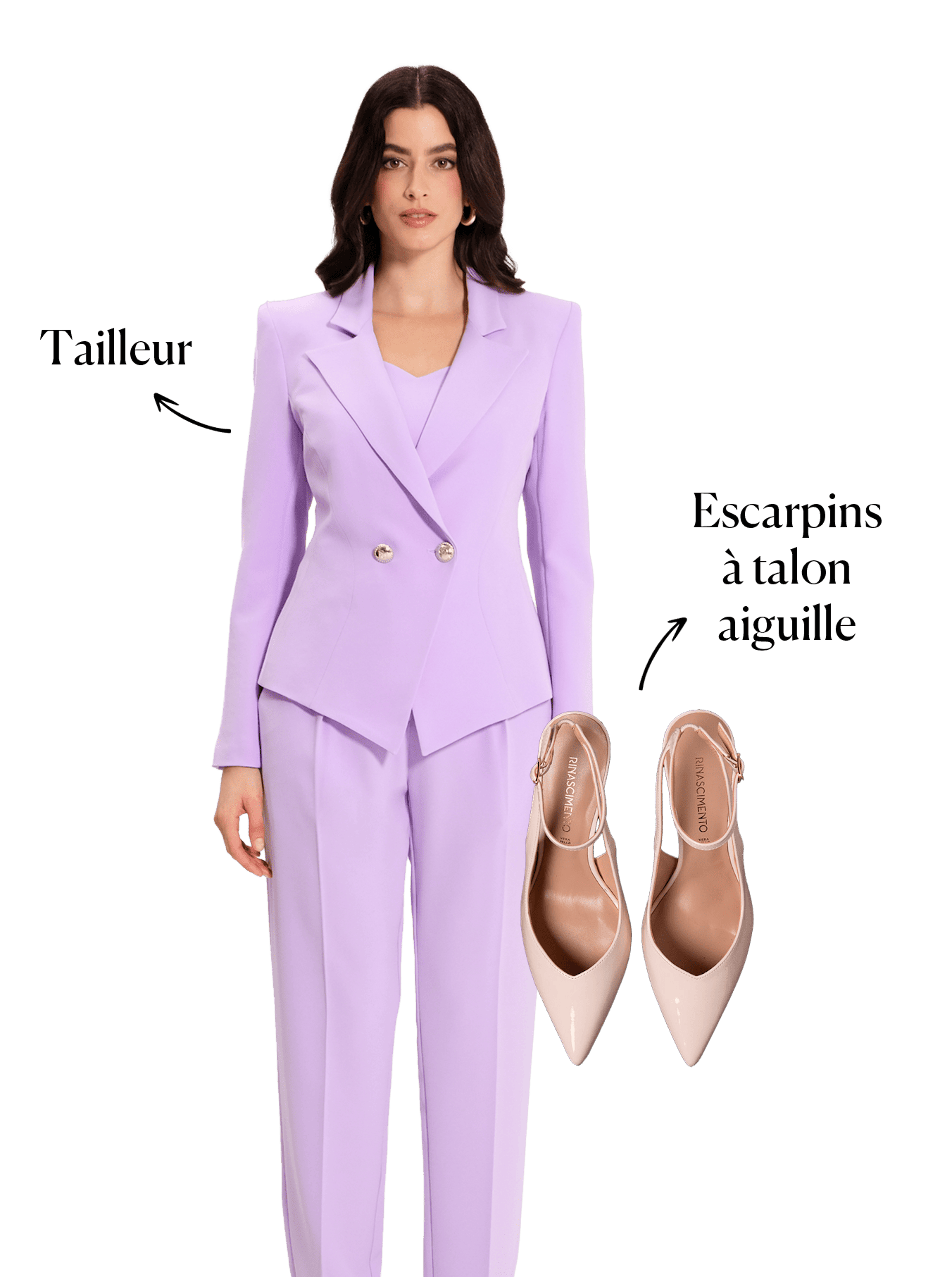 tailleur lilla con scarpe a punta