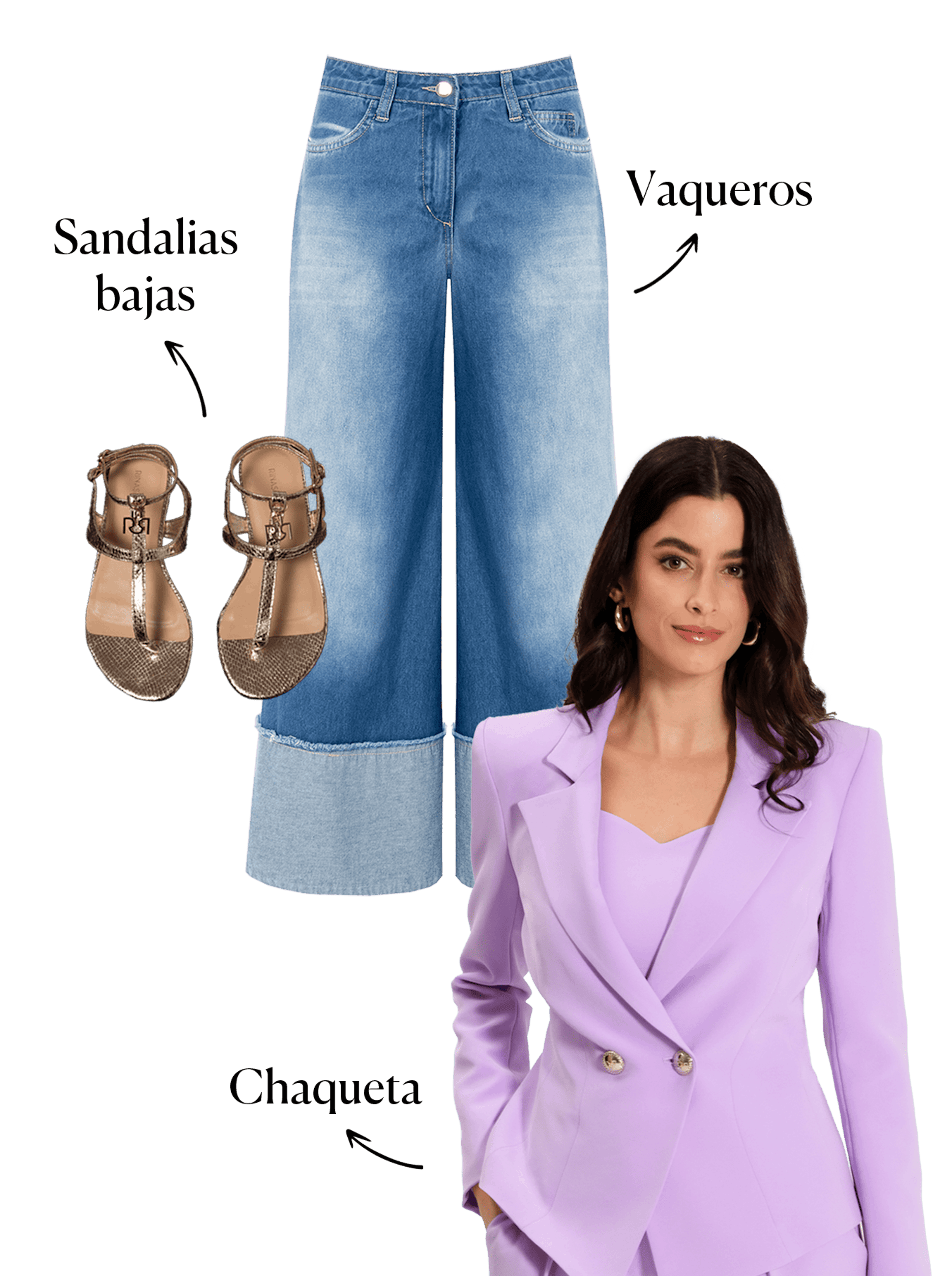 abbinamento giacca lilla con jeans largo e sandalo basso