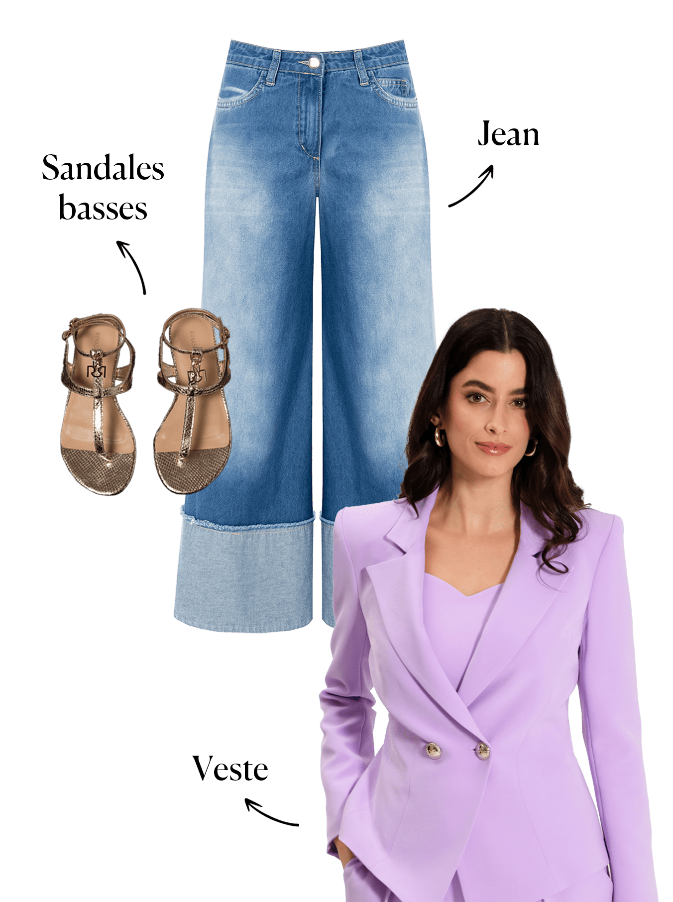 abbinamento giacca lilla con jeans largo e sandalo basso