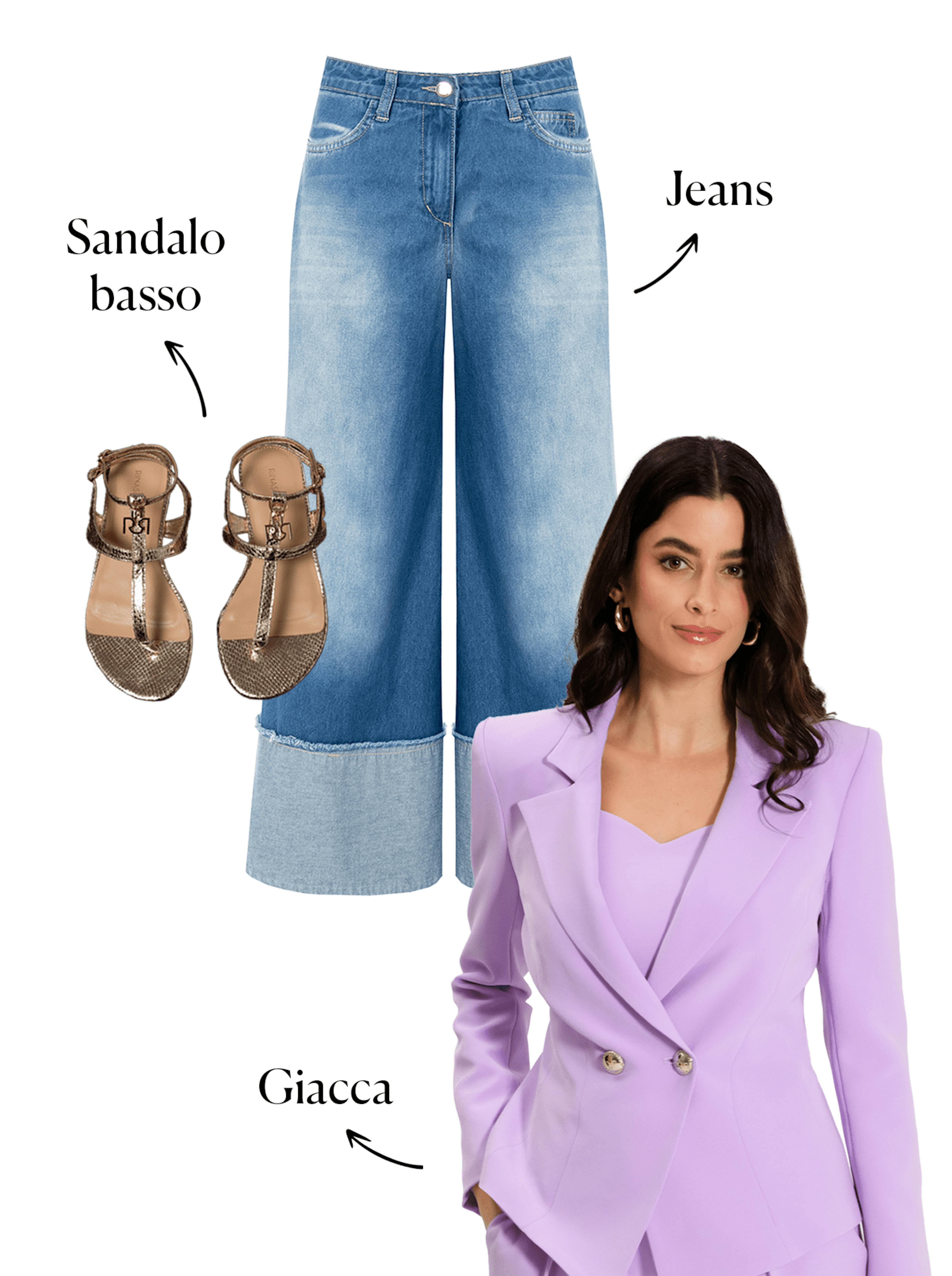 abbinamento giacca lilla con jeans largo e sandalo basso