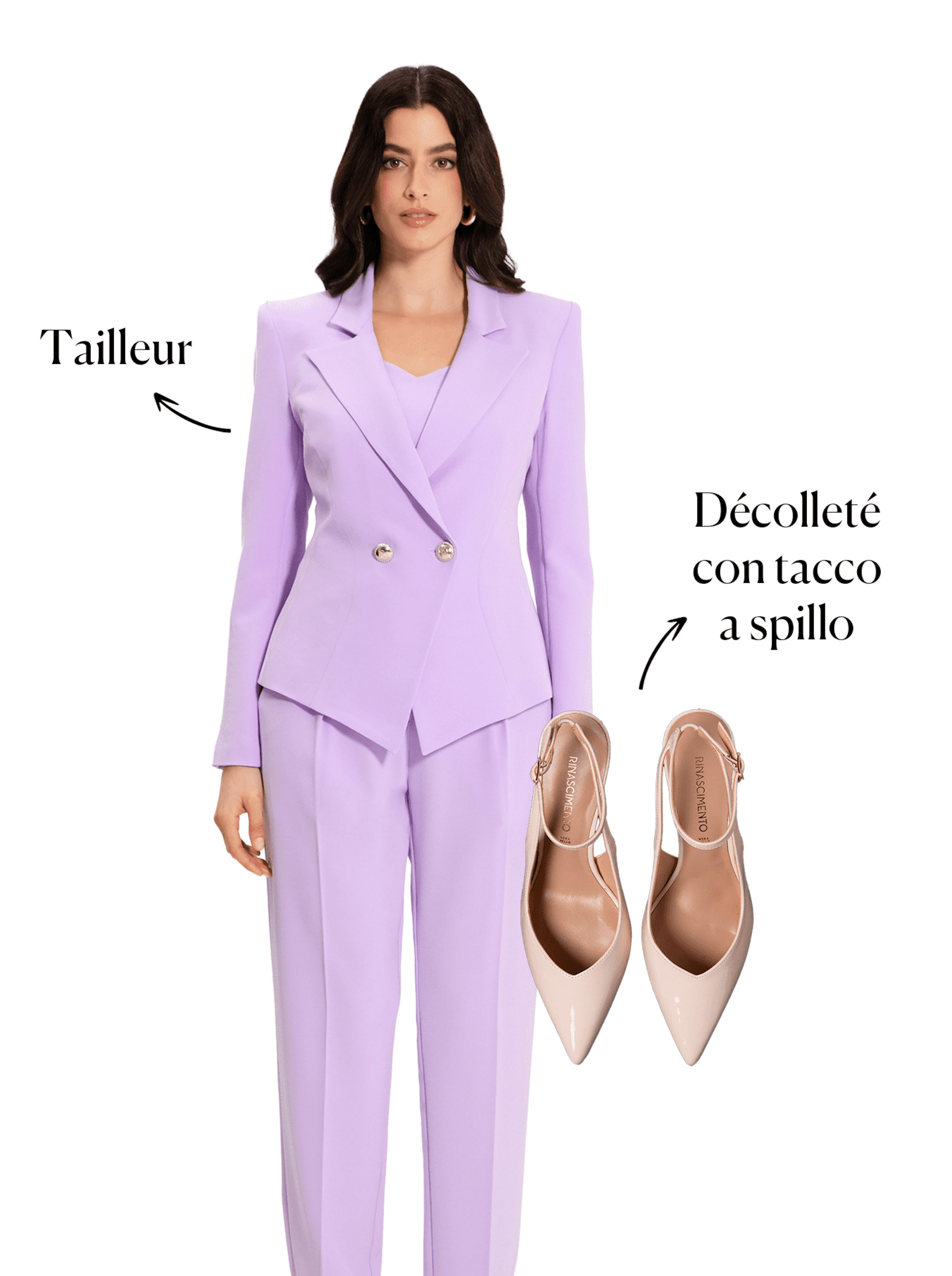 tailleur lilla con scarpe a punta 