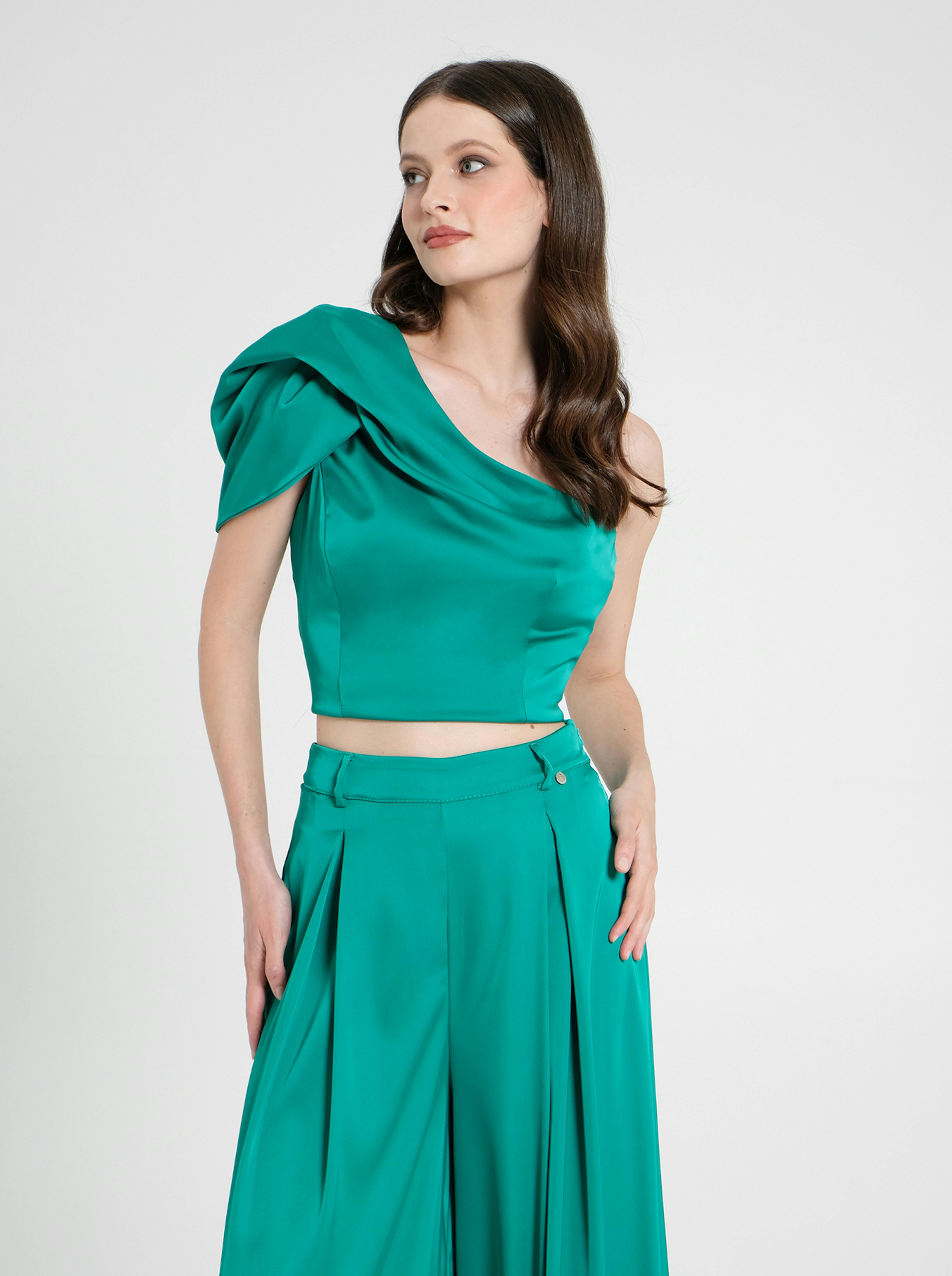 One-Shoulder Top in Green Satin