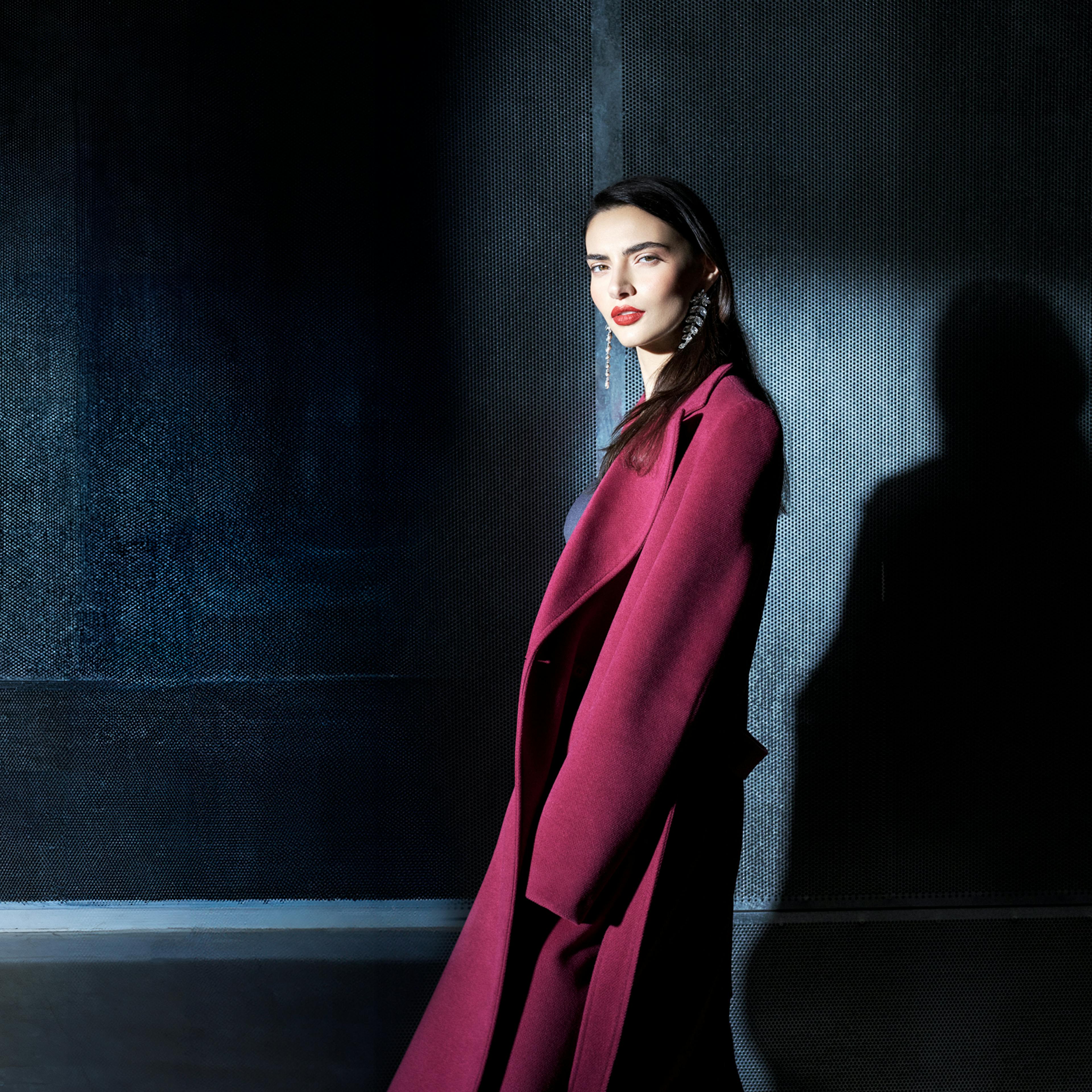 Model with Burgundy Coat