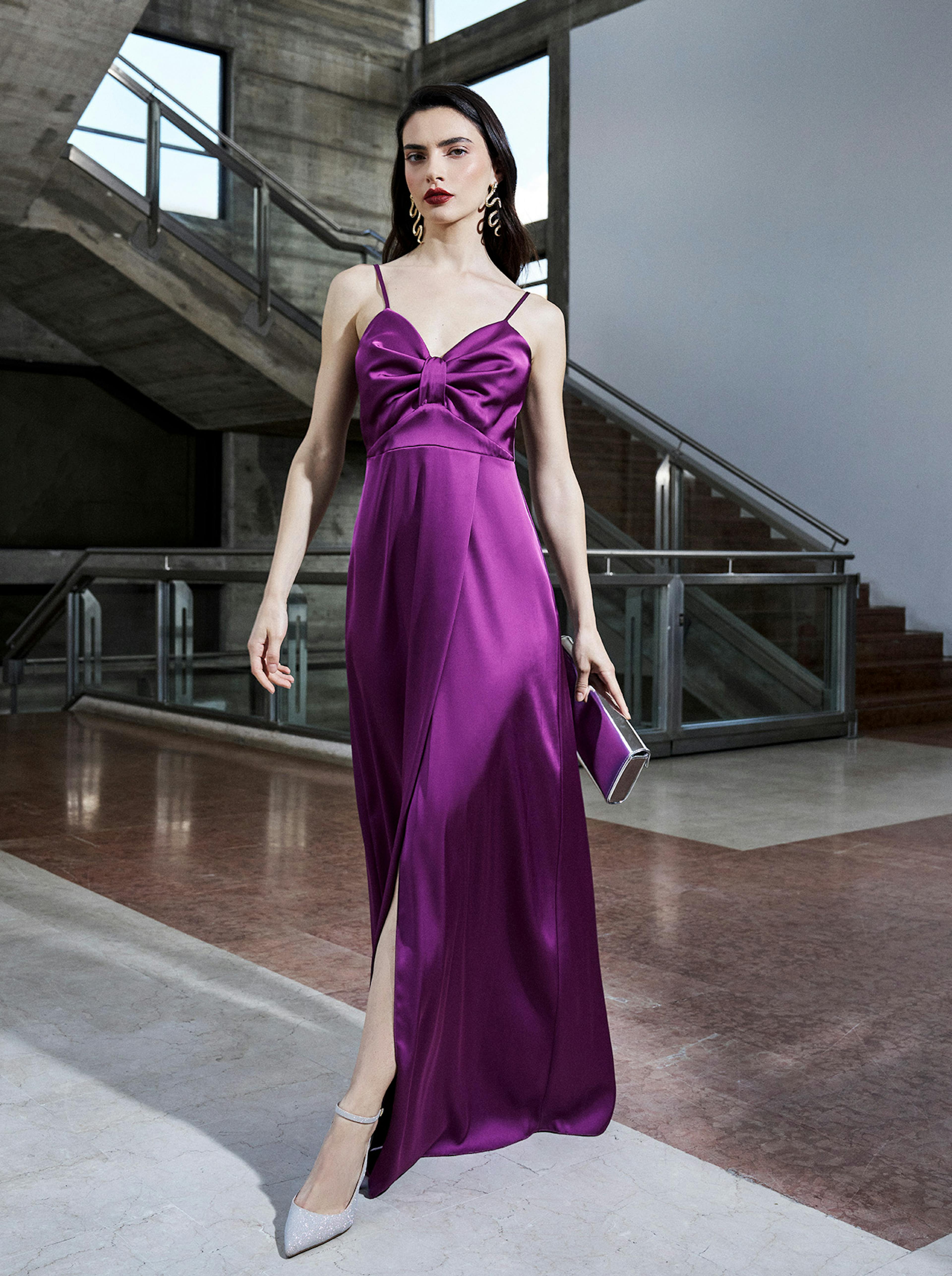 Model with Satin Purple Dress