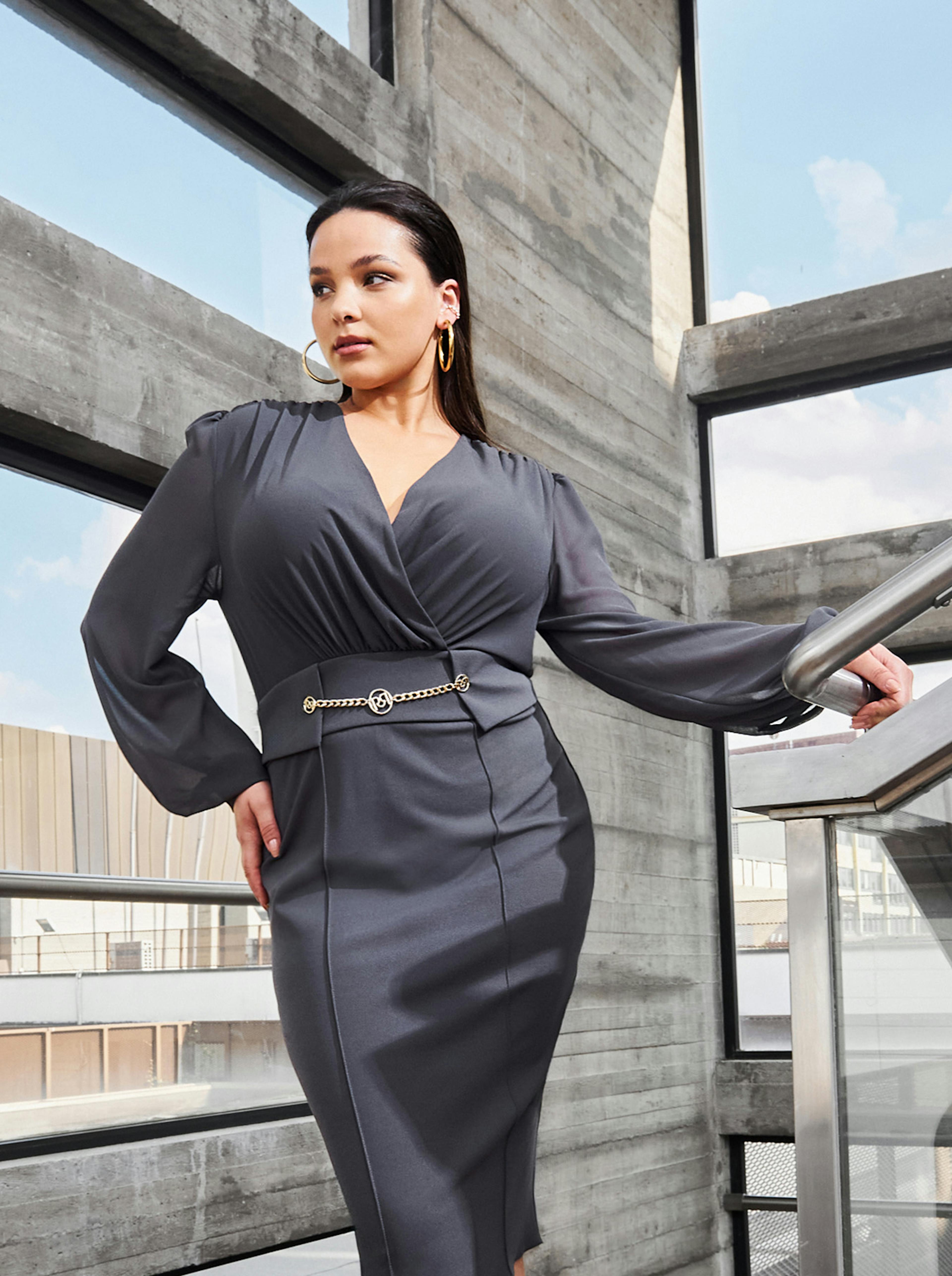 Curvy Model with Grey Midi Dress