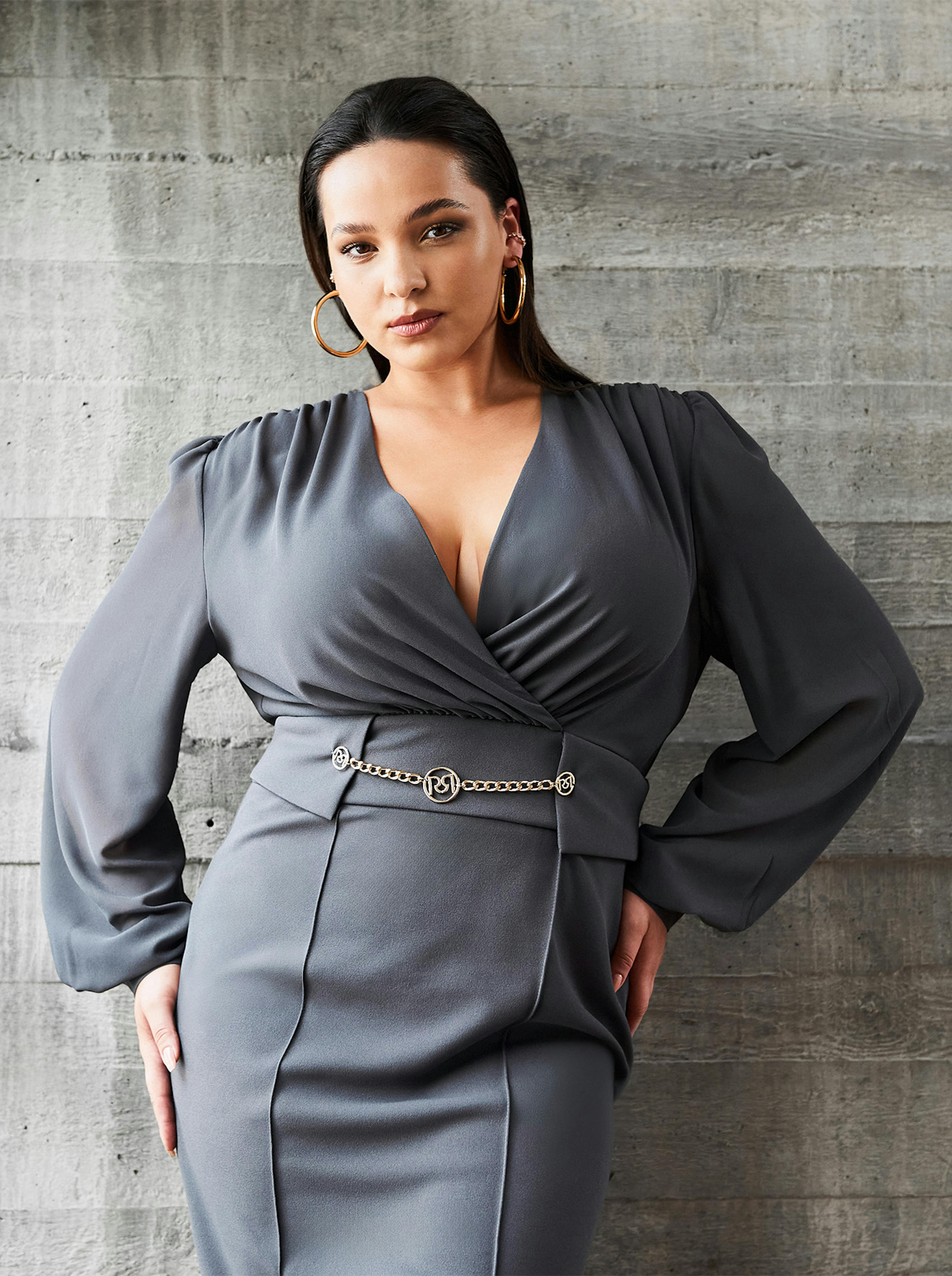 Curvy Model with Grey Midi Dress