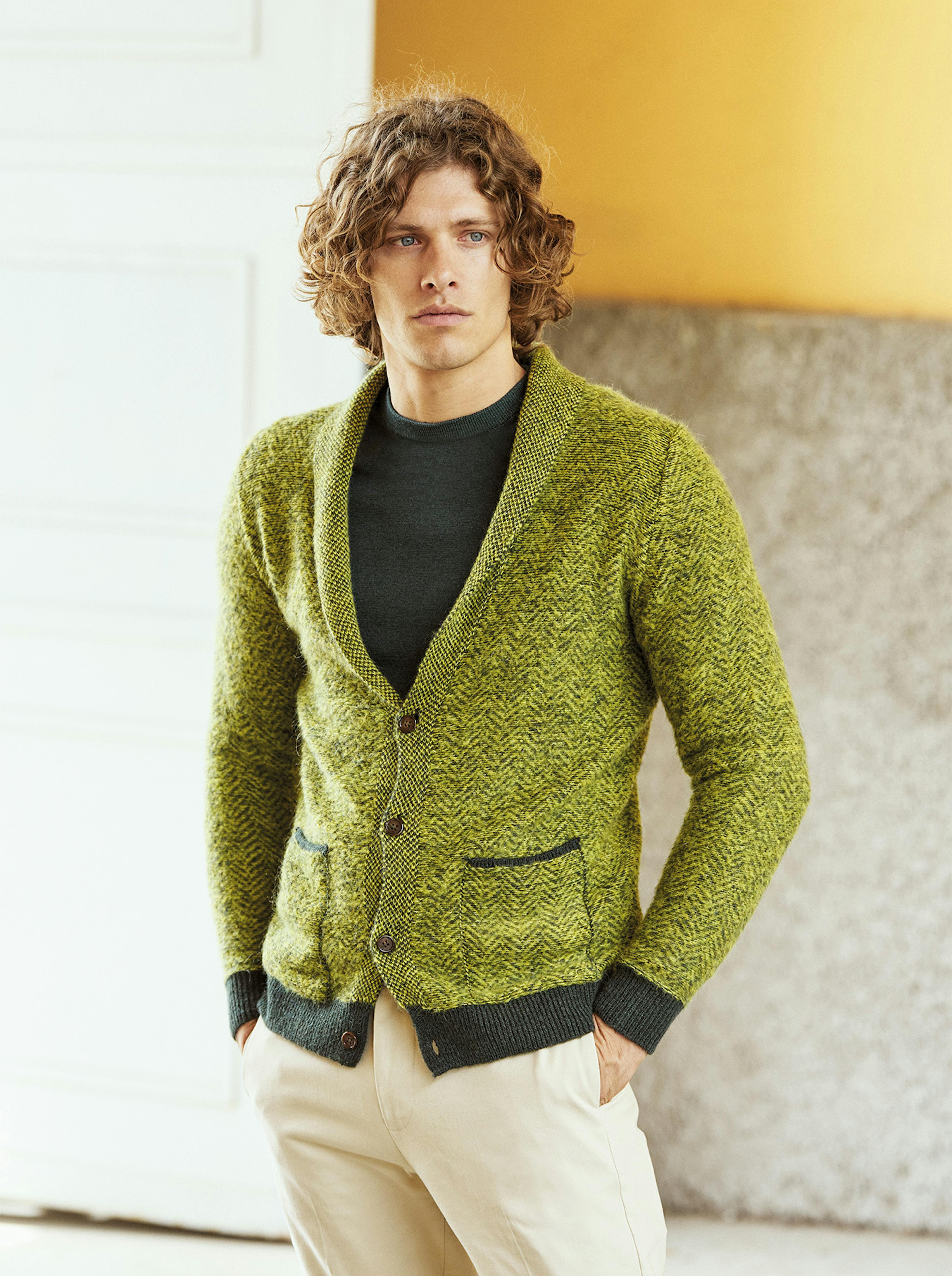 Model with green cardigan