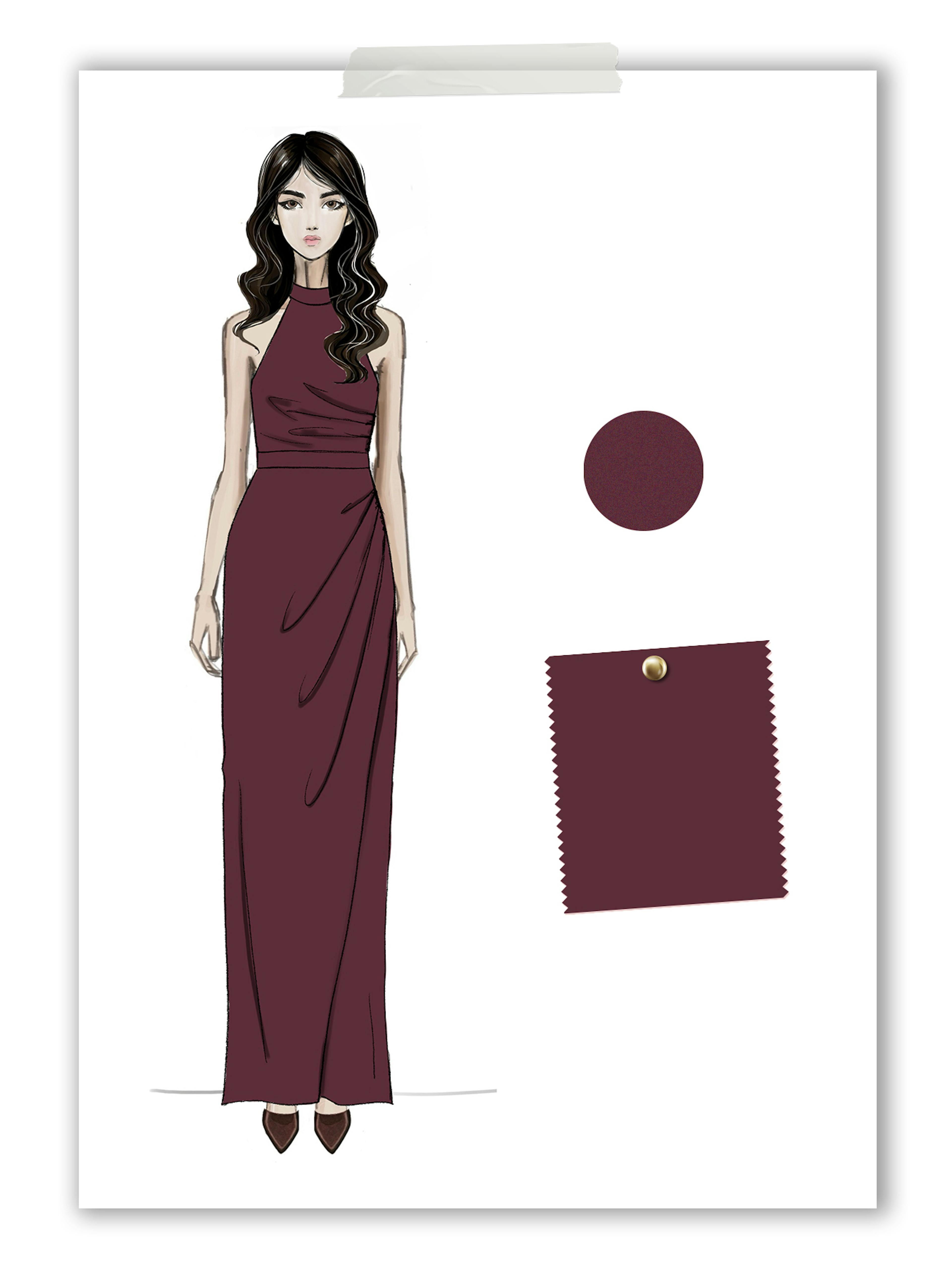 Fashion illustration of a woman wearing a burgundy, halter-neck gown with draped details. Beside her is a fabric swatch in matching burgundy. Elegant tone.