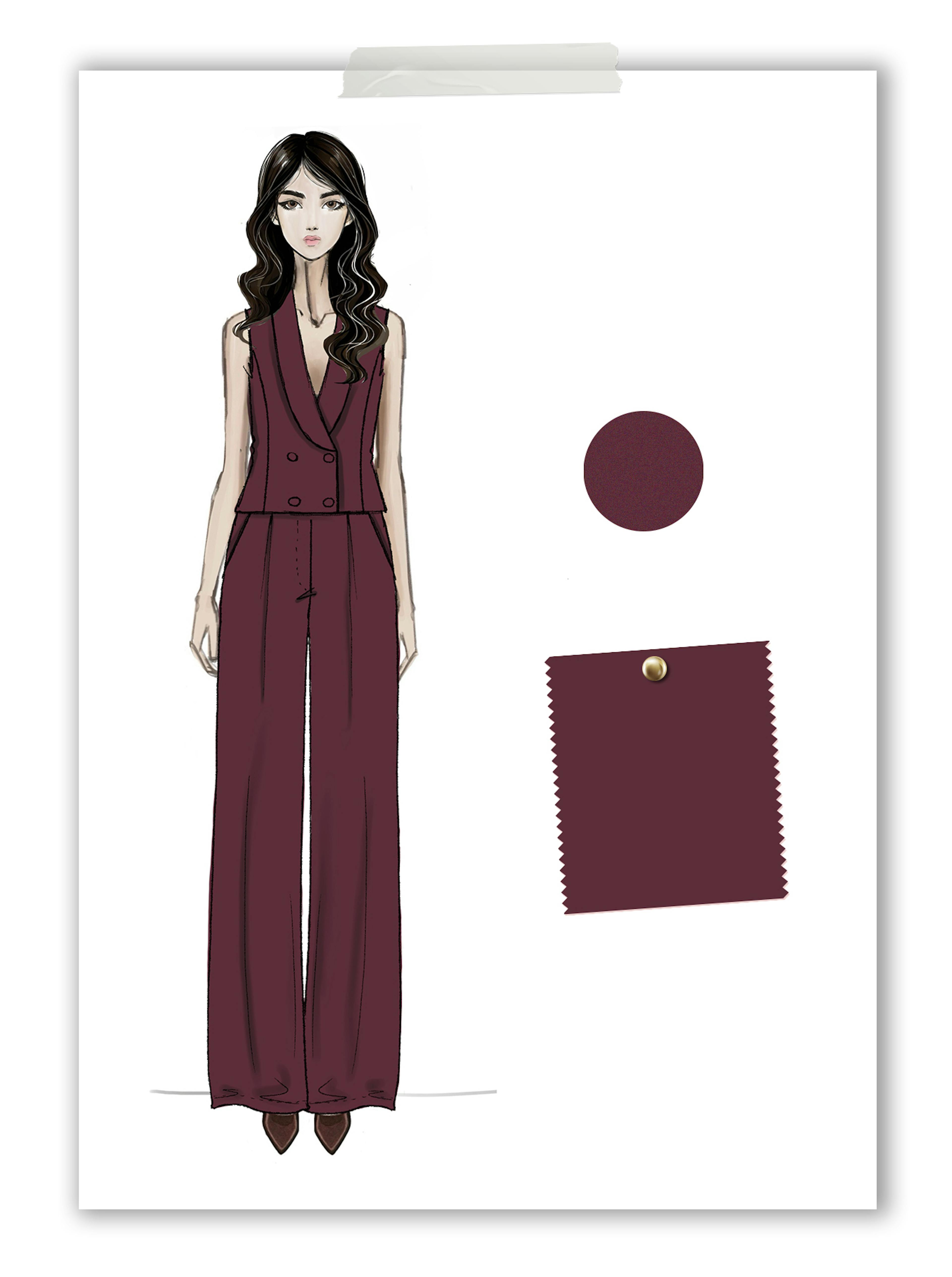Fashion illustration of a woman in a sleeveless burgundy jumpsuit with flared pants. A matching fabric swatch and color circle are shown beside her.