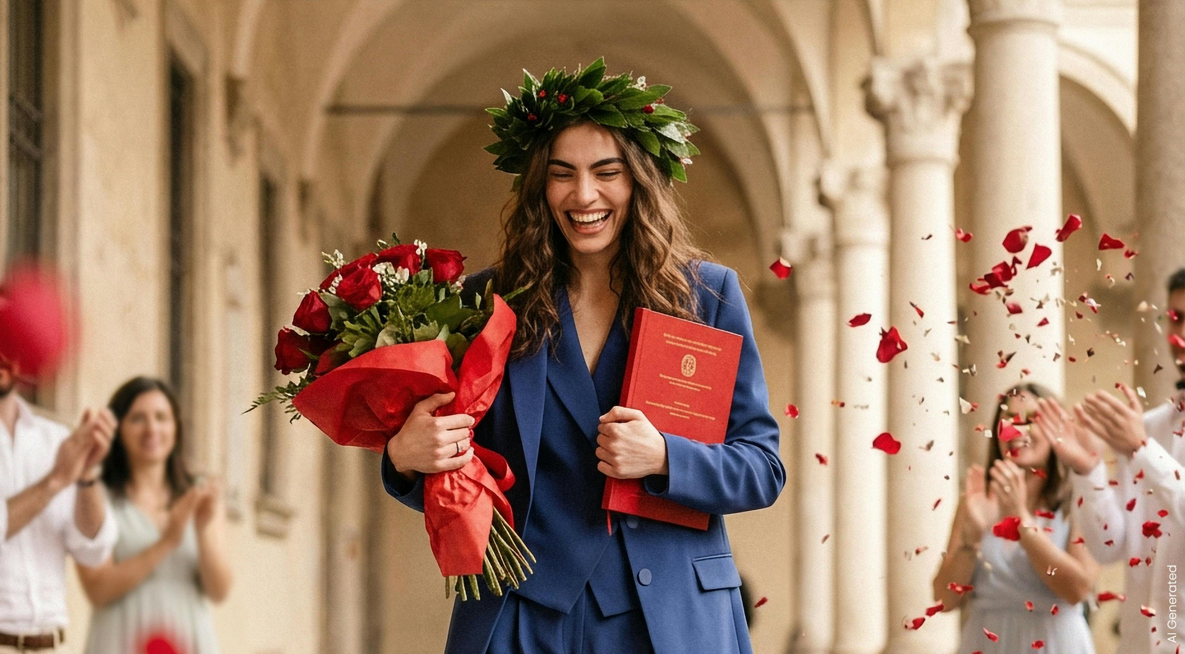 A joyful woman in a blue suit holds a red diploma and roses, with a laurel wreath on her head. Red petals are thrown, and people clap in an arched hallway.