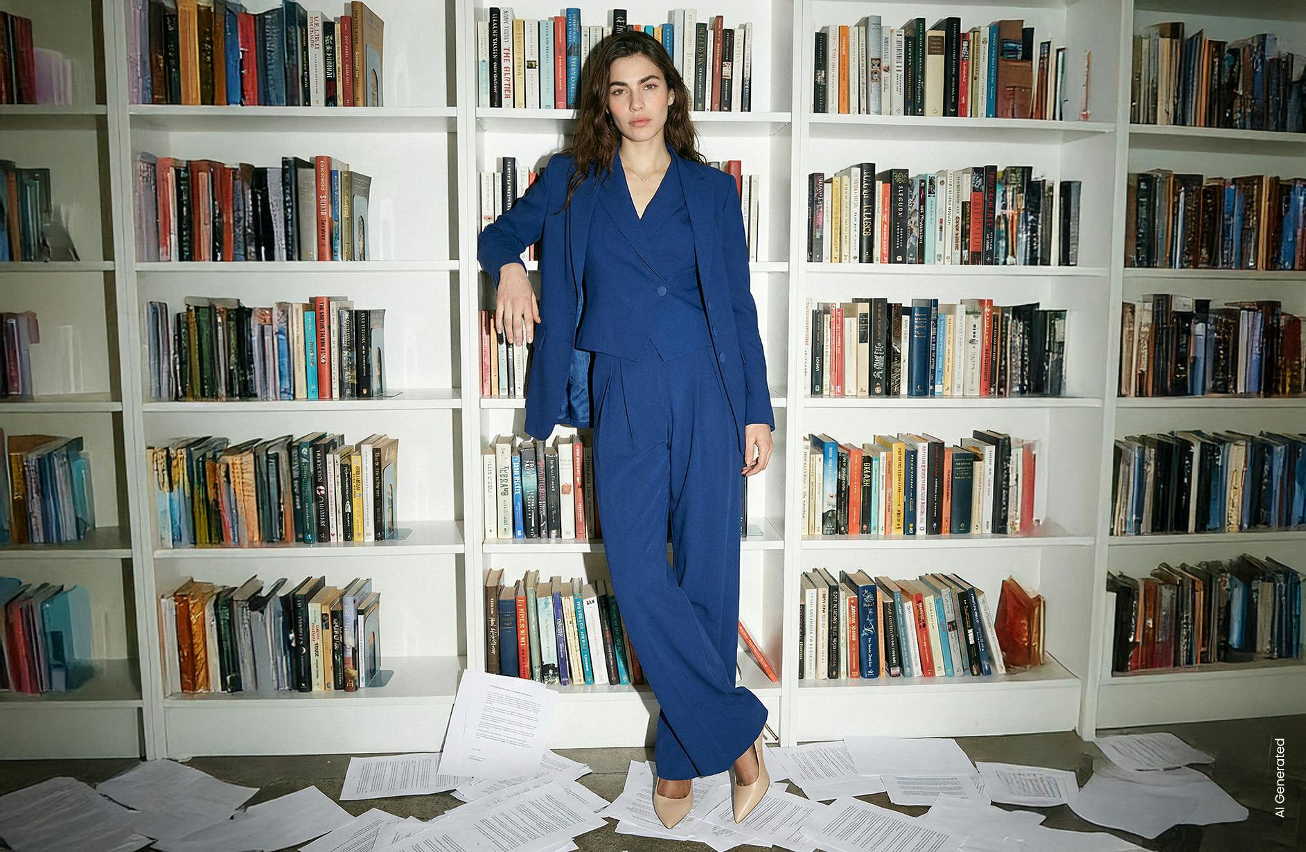 A woman in a blue suit stands confidently in front of white bookshelves filled with books. Papers scattered on the floor suggest a creative or chaotic atmosphere.
