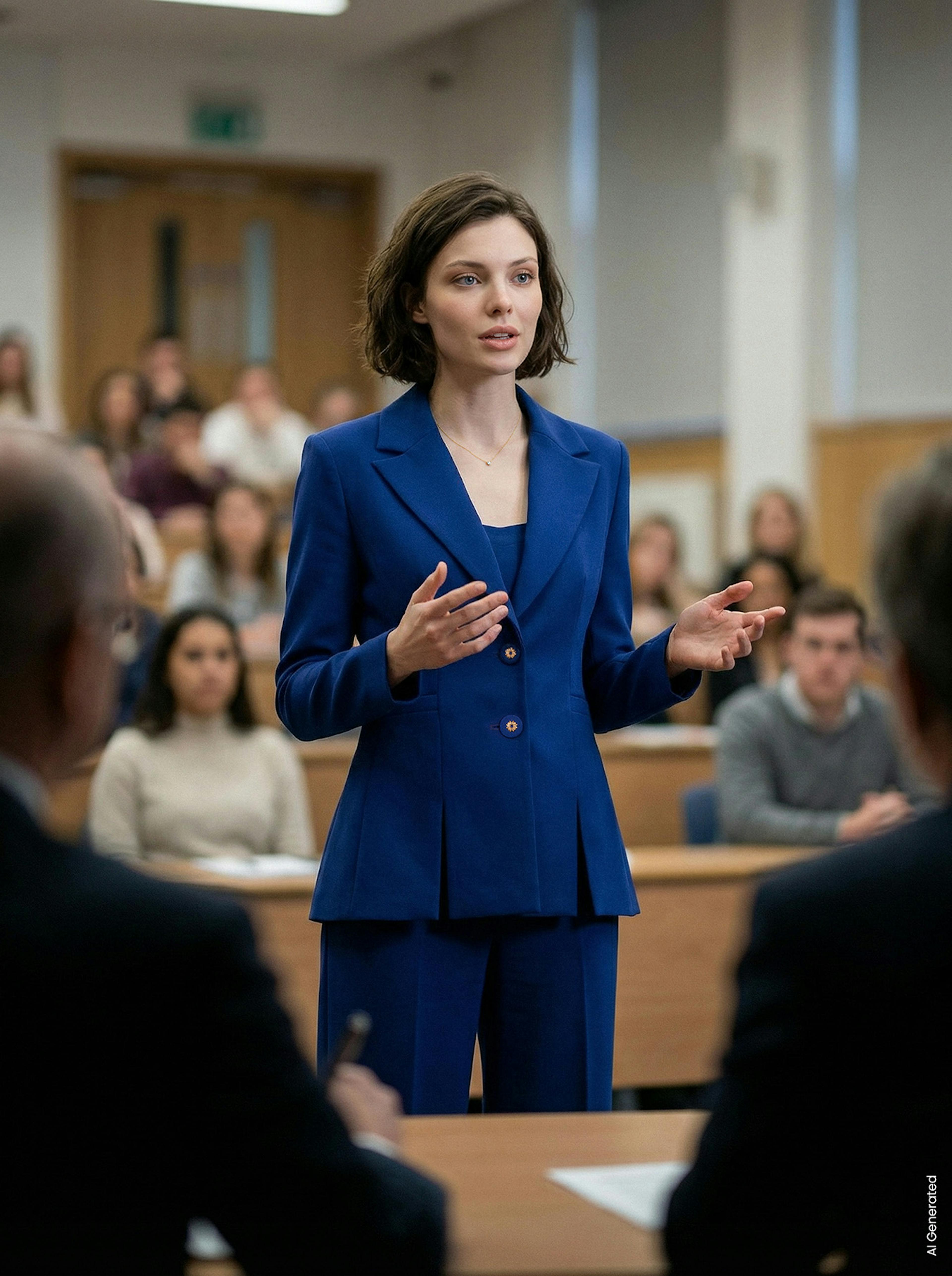 A woman in a blue suit speaks confidently in a lecture hall, gesturing with her hands. An audience of students listens attentively, creating an academic atmosphere.