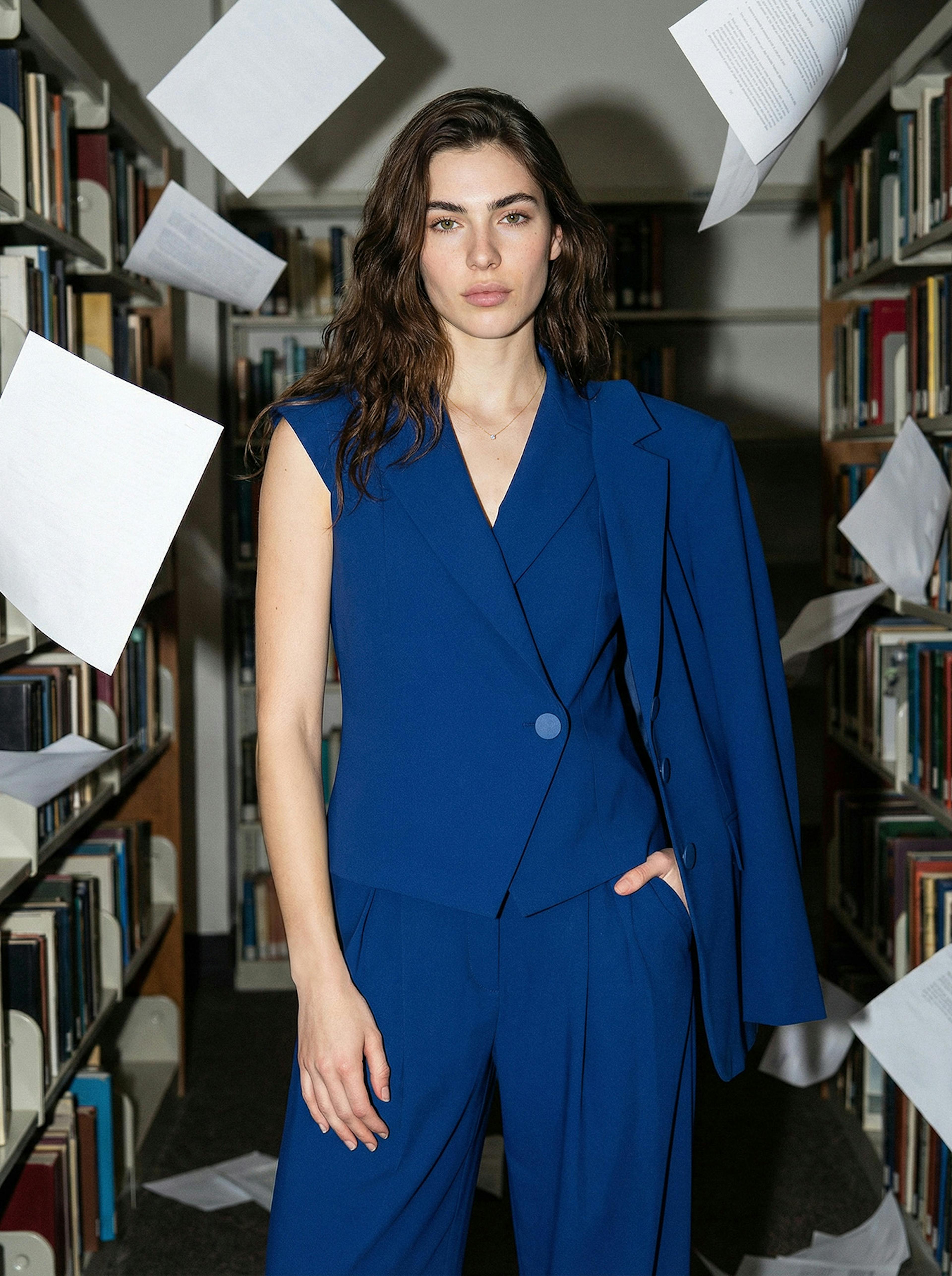 A woman in a blue suit stands confidently in a library aisle, surrounded by floating papers. Her expression is calm and focused.