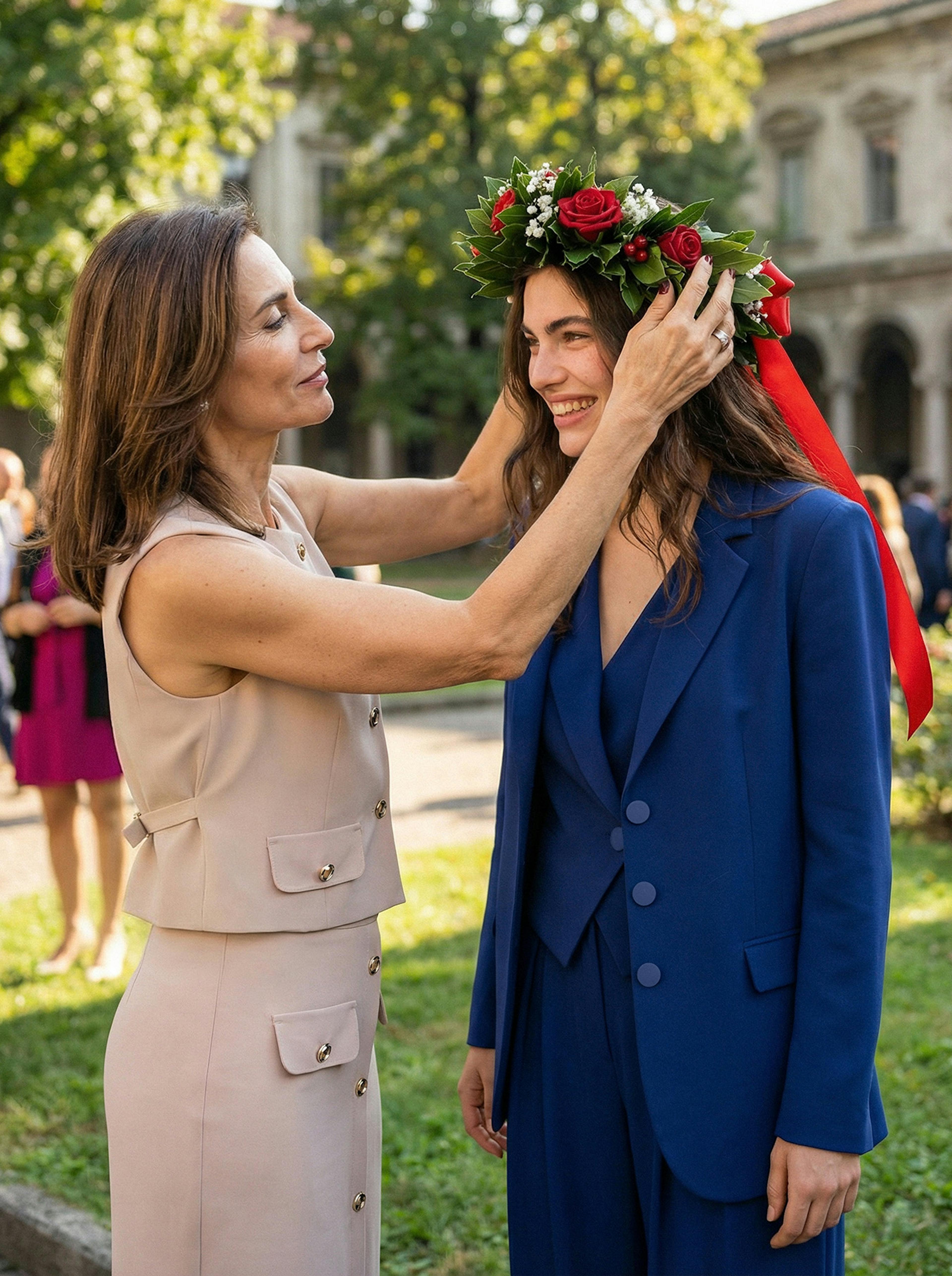 A woman in a beige dress places a floral wreath on a smiling woman's head in a blue suit outdoors, conveying a joyful, celebratory moment.