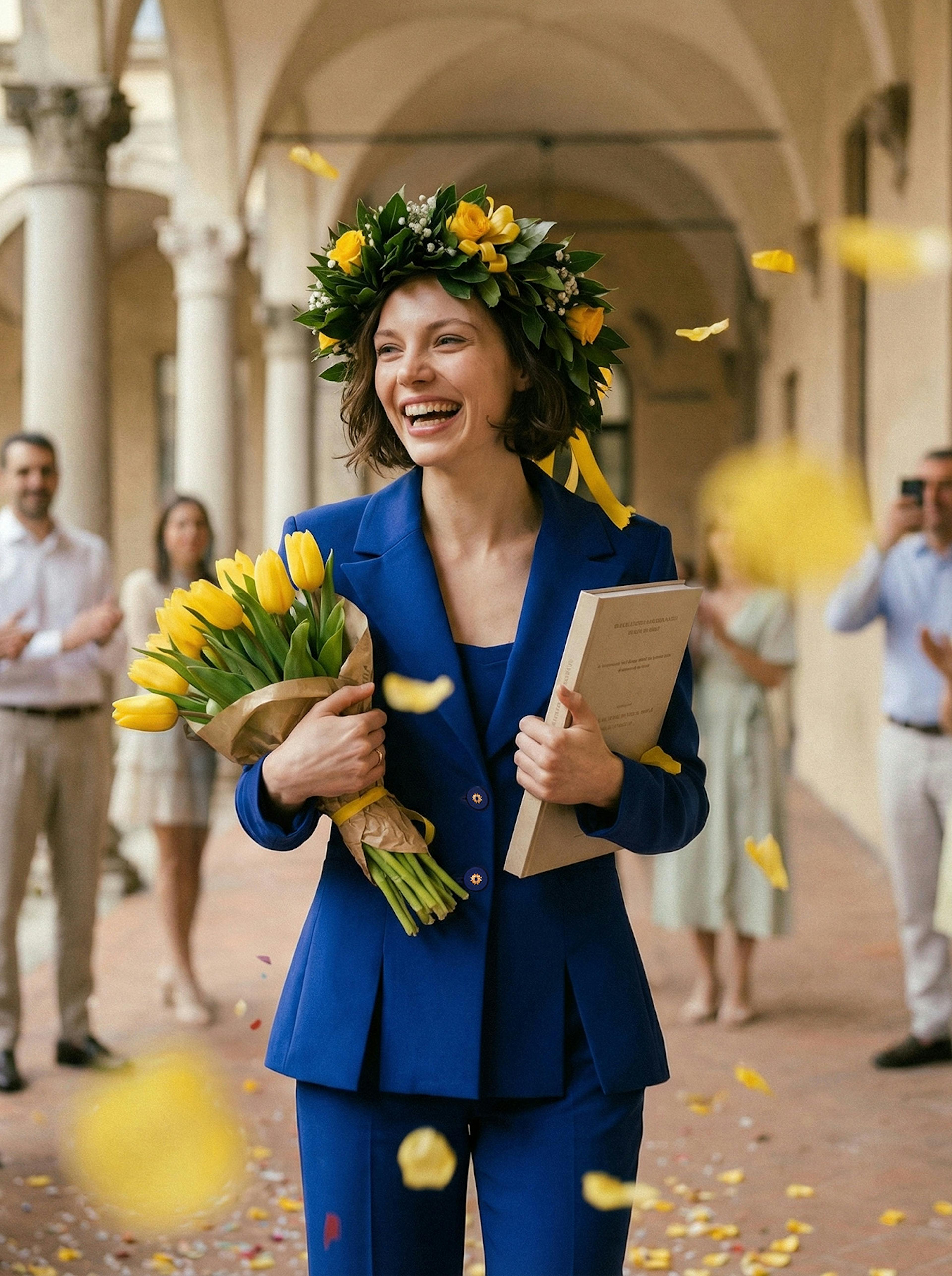 A joyful woman in a blue suit, holding a bouquet of yellow tulips and a document, wears a flower crown. Yellow petals fall as people applaud behind her.