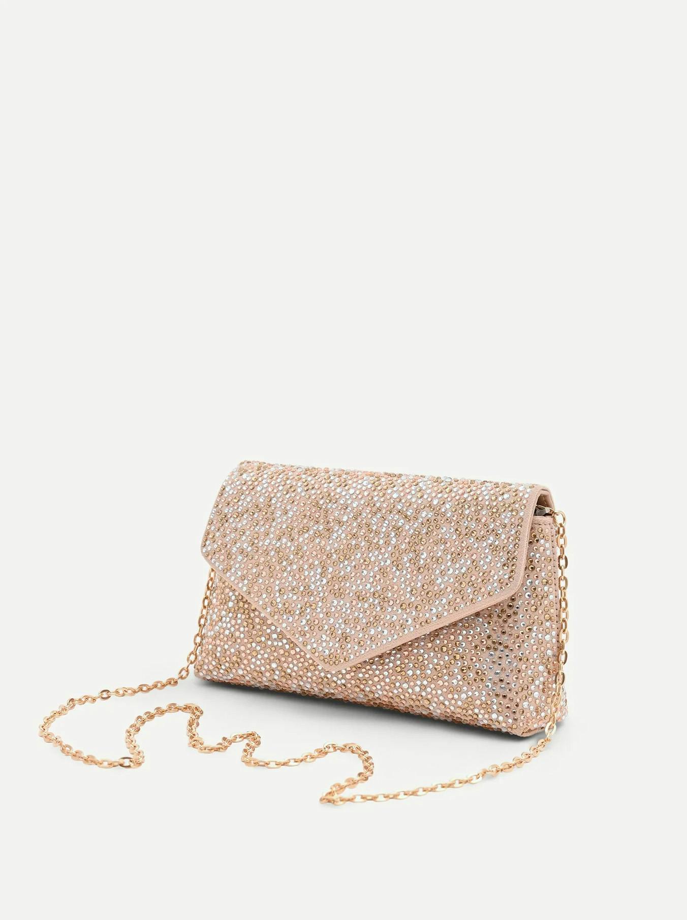 Beige and gold sequined clutch bag, featuring a shimmering design perfect for evening events.