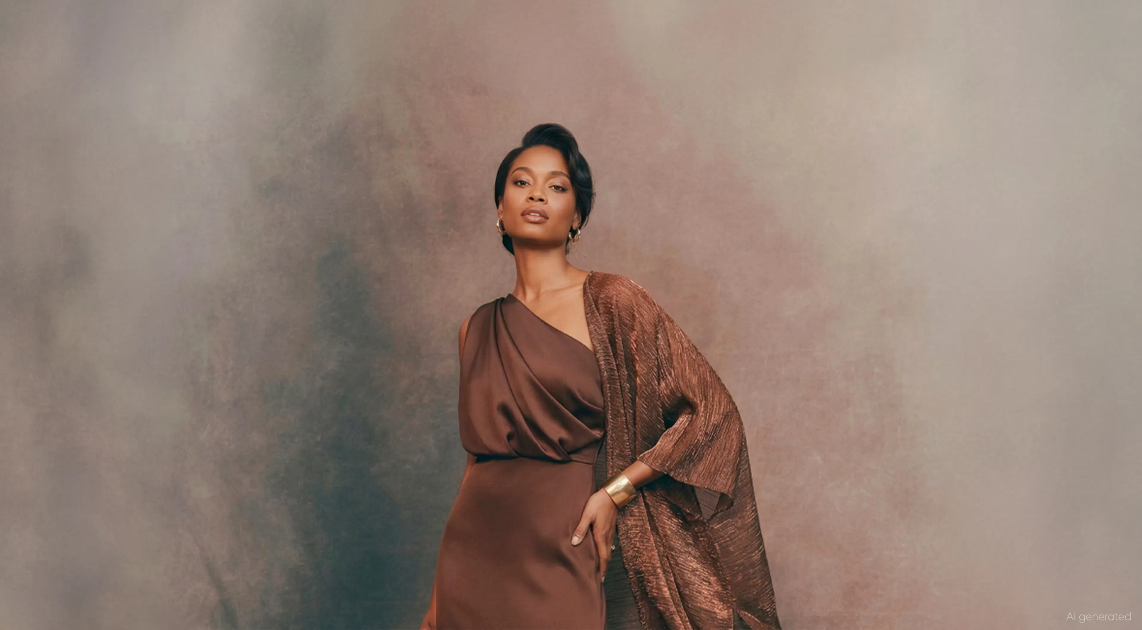 A woman in an elegant brown dress and shawl stands confidently against a soft, neutral-toned backdrop. Her posture conveys grace and poise.
