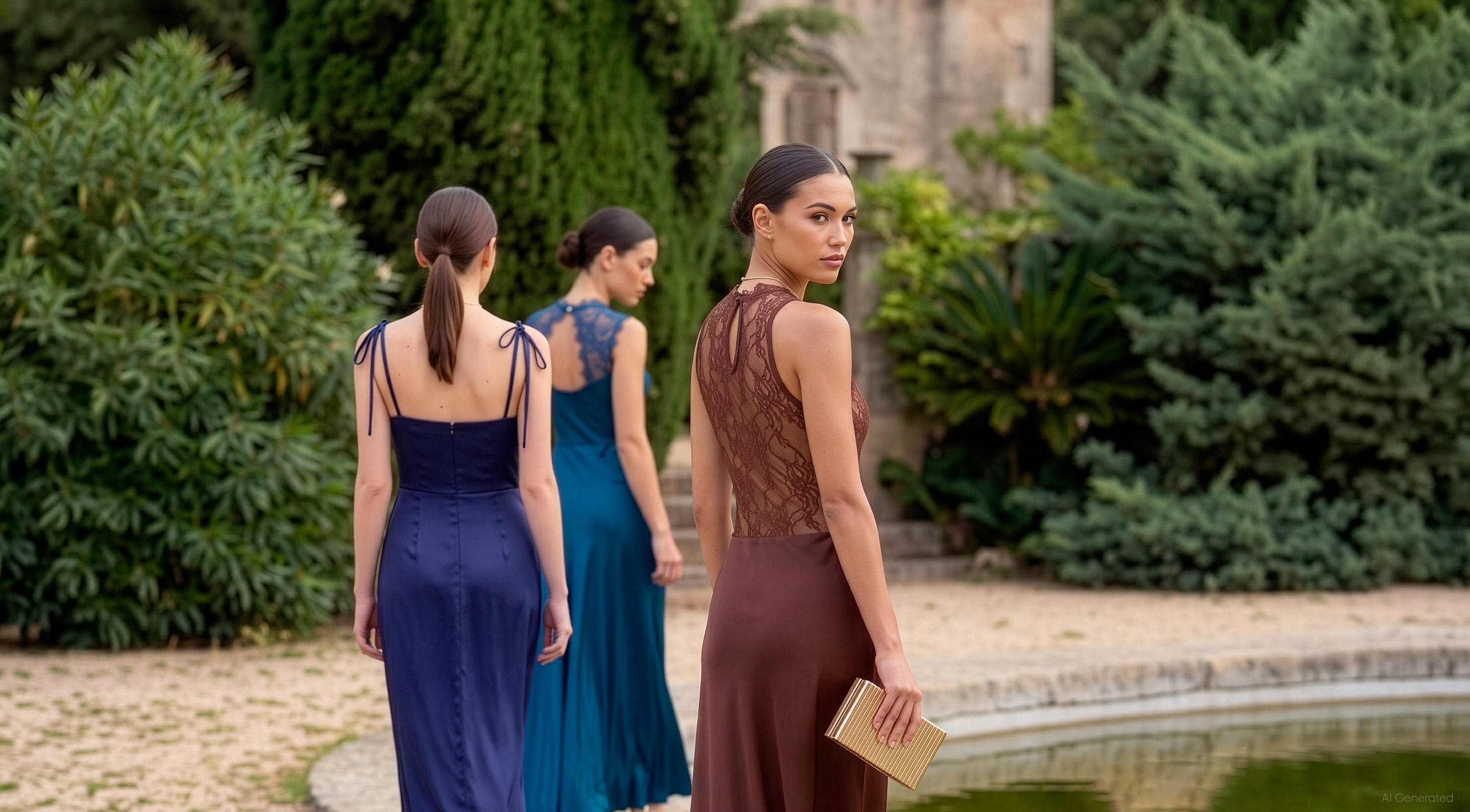 Three women in elegant evening gowns walk near a lush garden. The woman in the foreground turns her head back, holding a clutch, conveying an air of mystery.