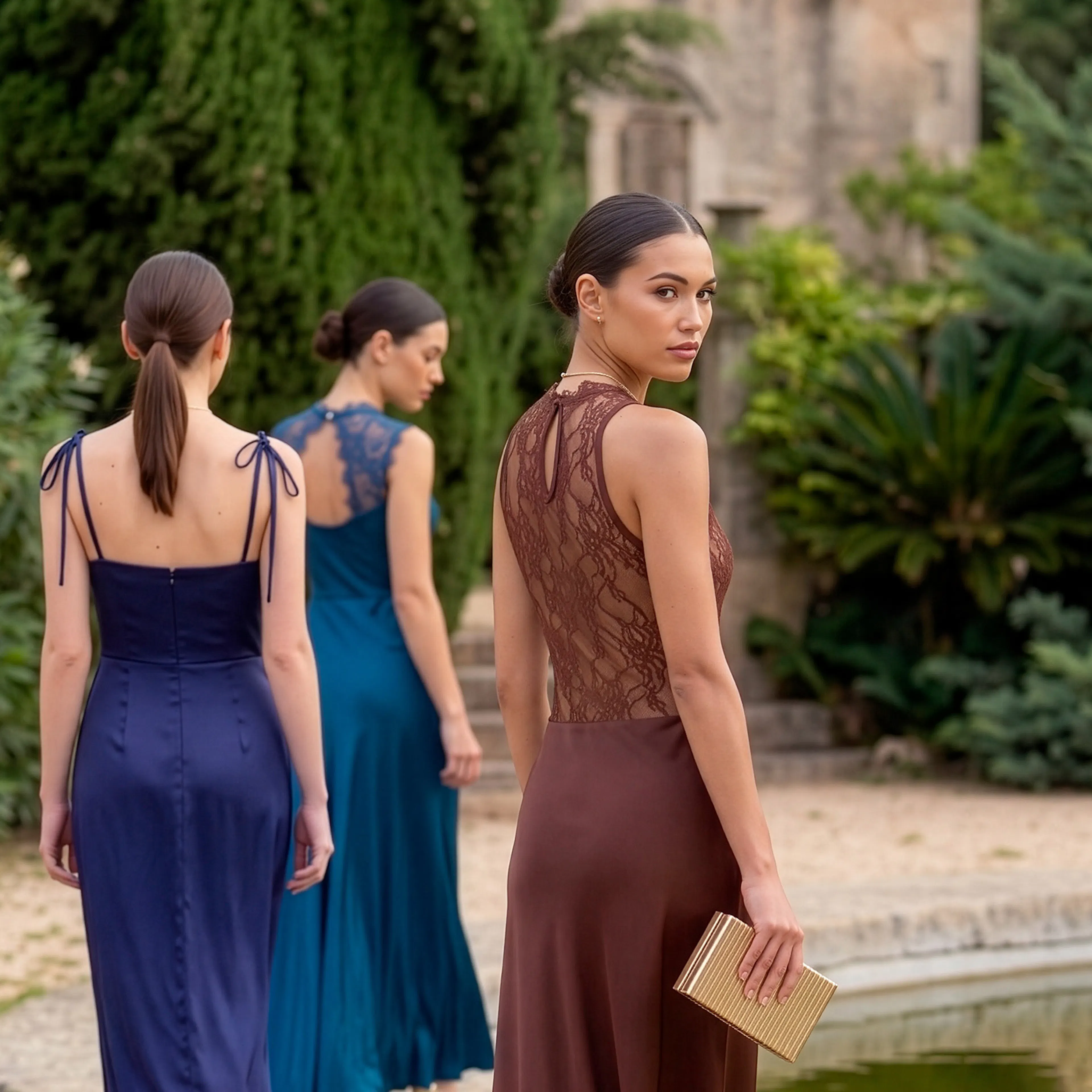 Three women in elegant evening gowns walk near a lush garden. The woman in the foreground turns her head back, holding a clutch, conveying an air of mystery.