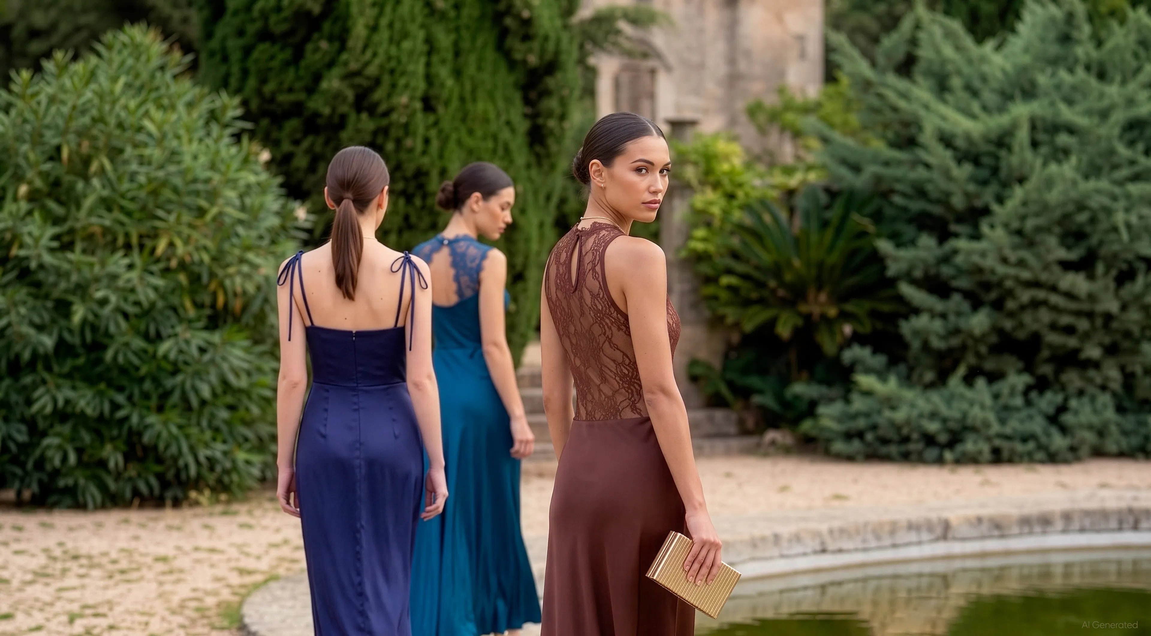 Three women in elegant evening gowns walk near a lush garden. The woman in the foreground turns her head back, holding a clutch, conveying an air of mystery.