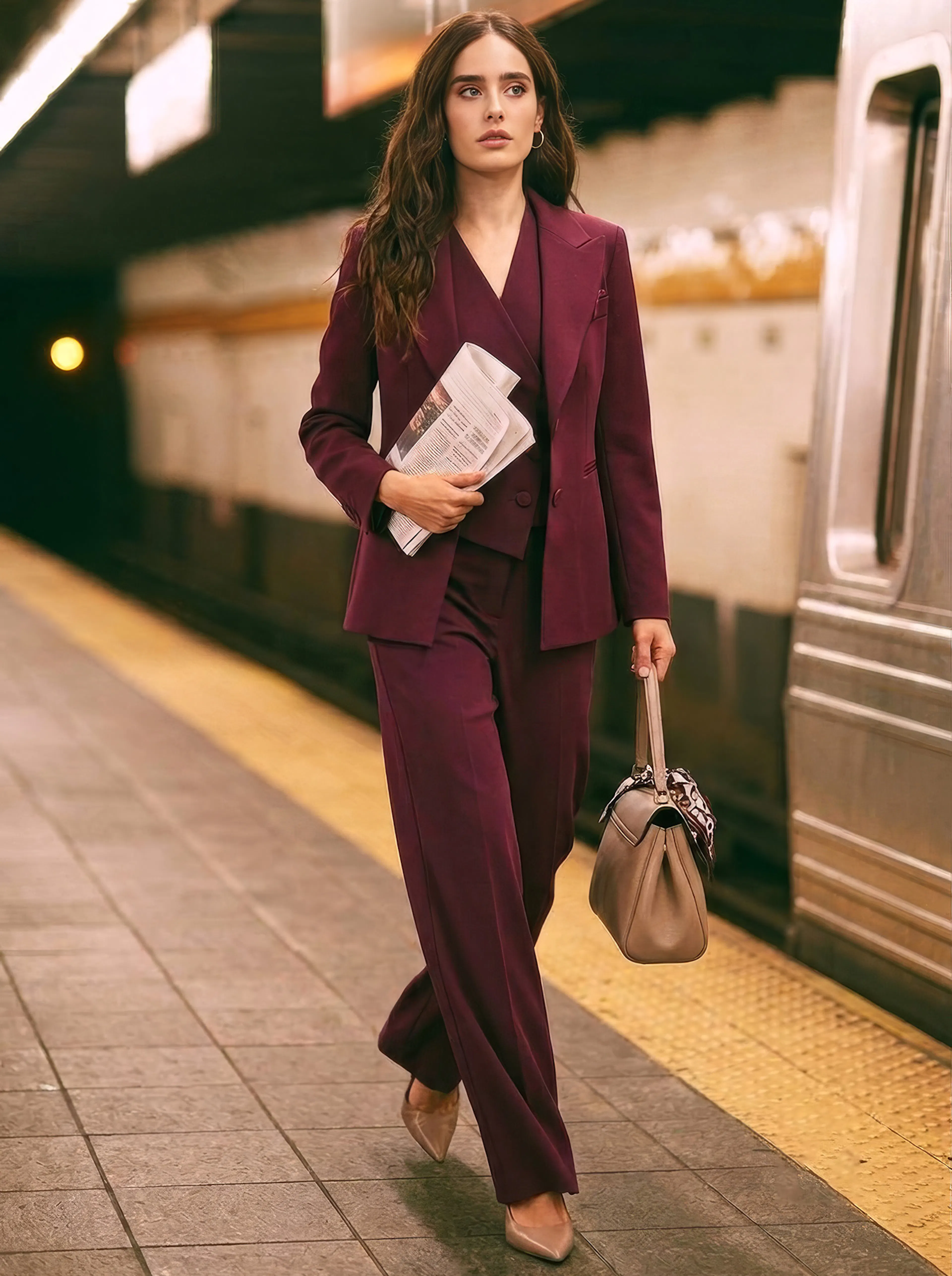 Woman in a burgundy pantsuit walks confidently along a subway platform, carrying a newspaper and handbag beside a silver train.