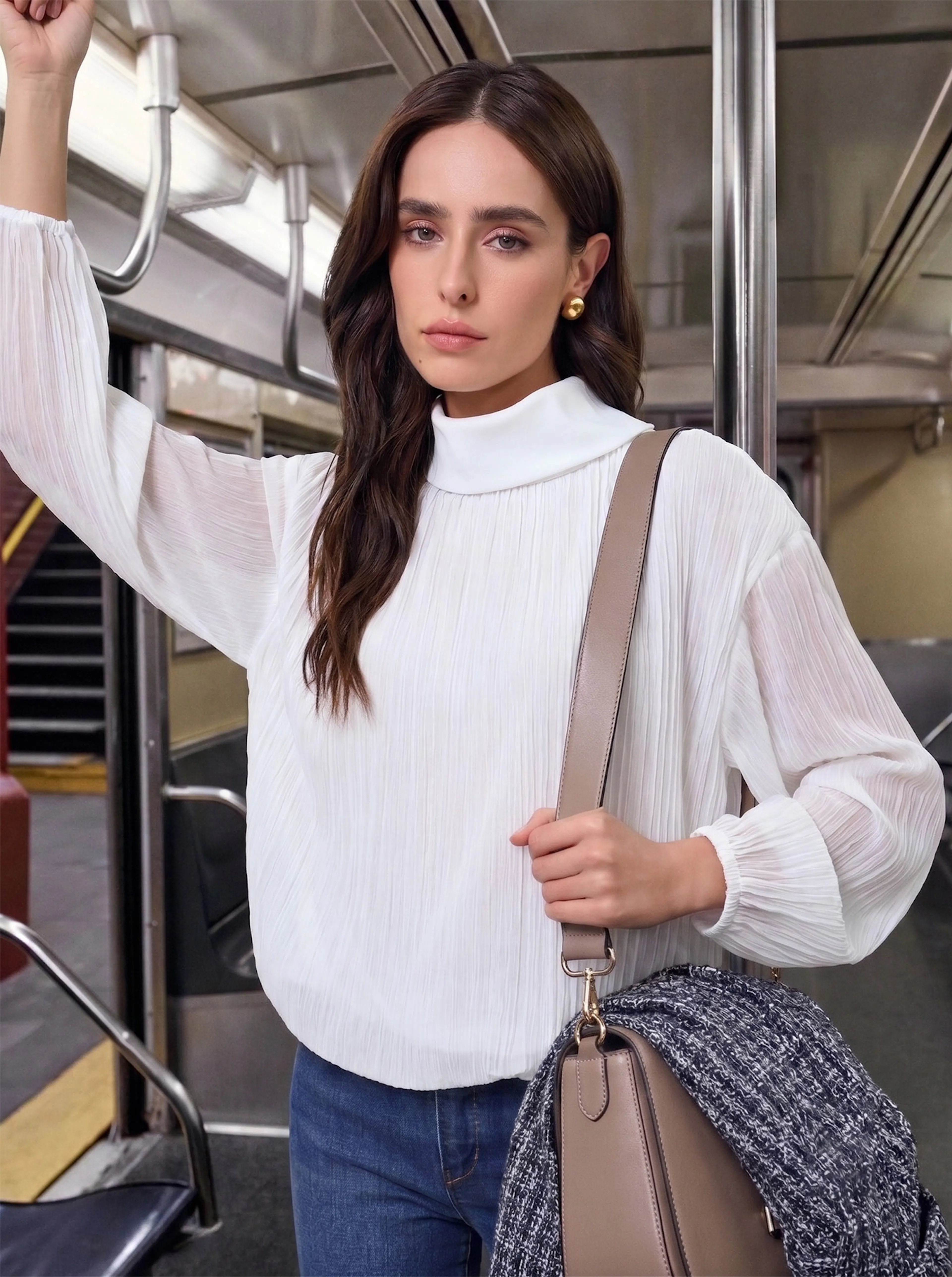 Fashionable woman with long dark hair stands in a subway car, wearing a white blouse and jeans, holding a taupe shoulder bag, looking composed.