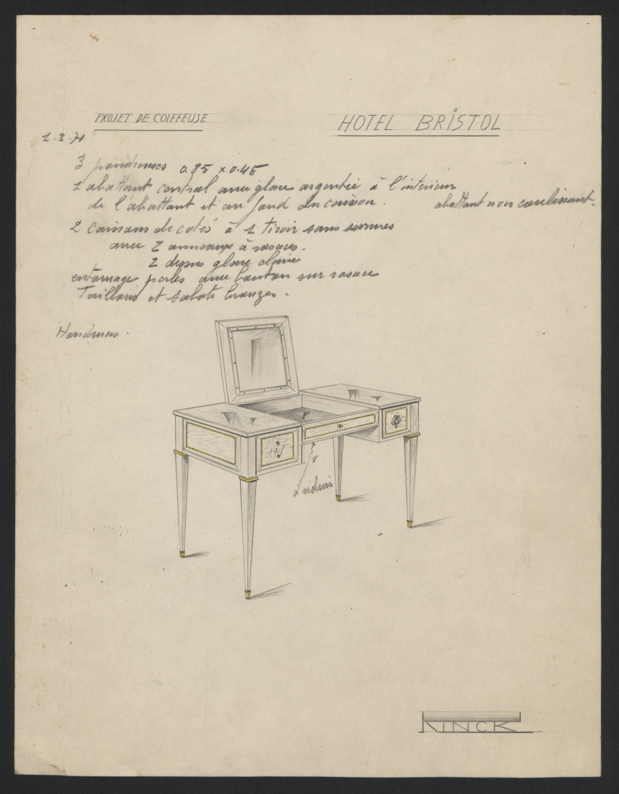 Detailed drawings of a dressing table for the Hôtel Bristol © Archives RINCK