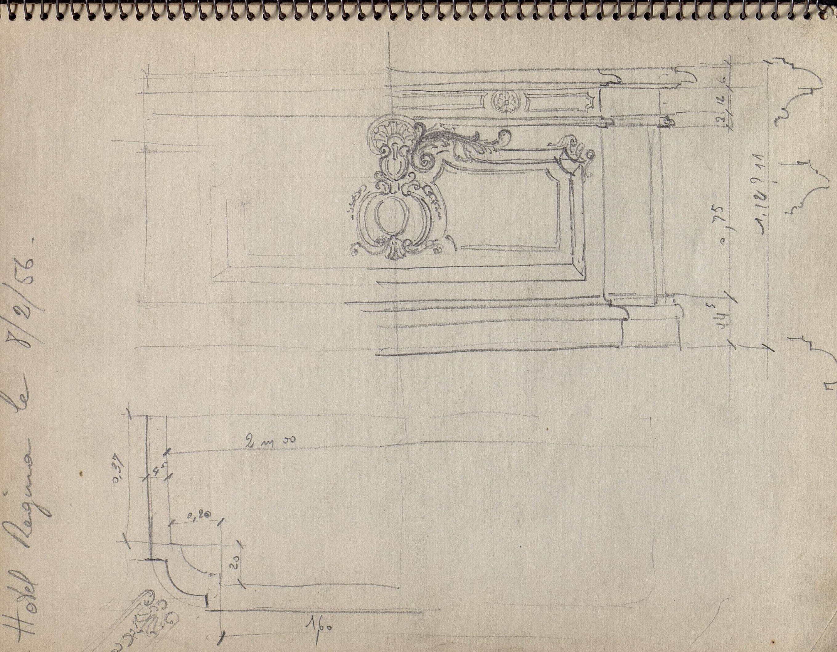 Sketch of the reception desk at the Hôtel Régina Louvre © Archives RINCK