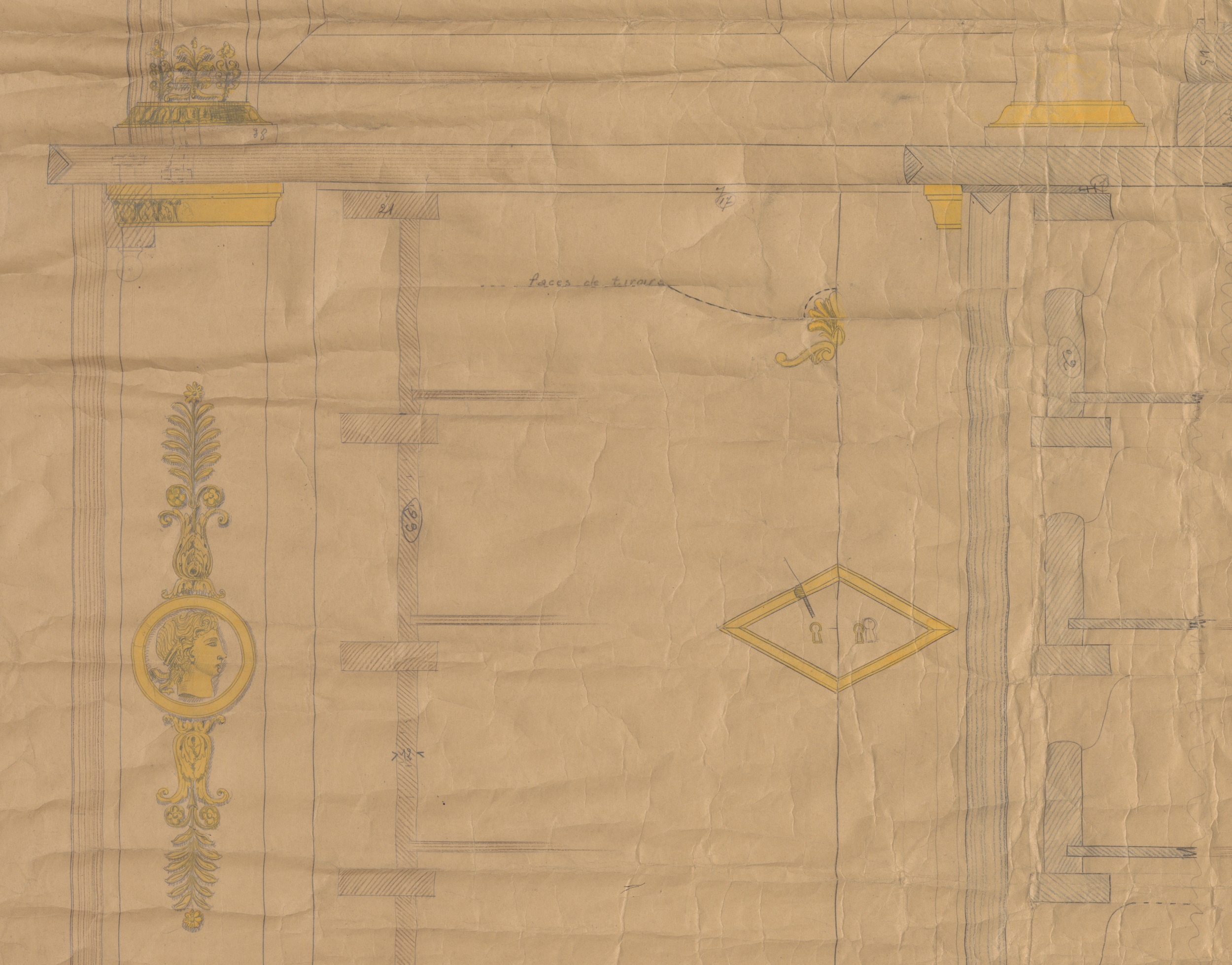 Scale drawing of the bottle cabinet made for the Hôtel George V – ornamental detail of the bronzes © Archives RINCK