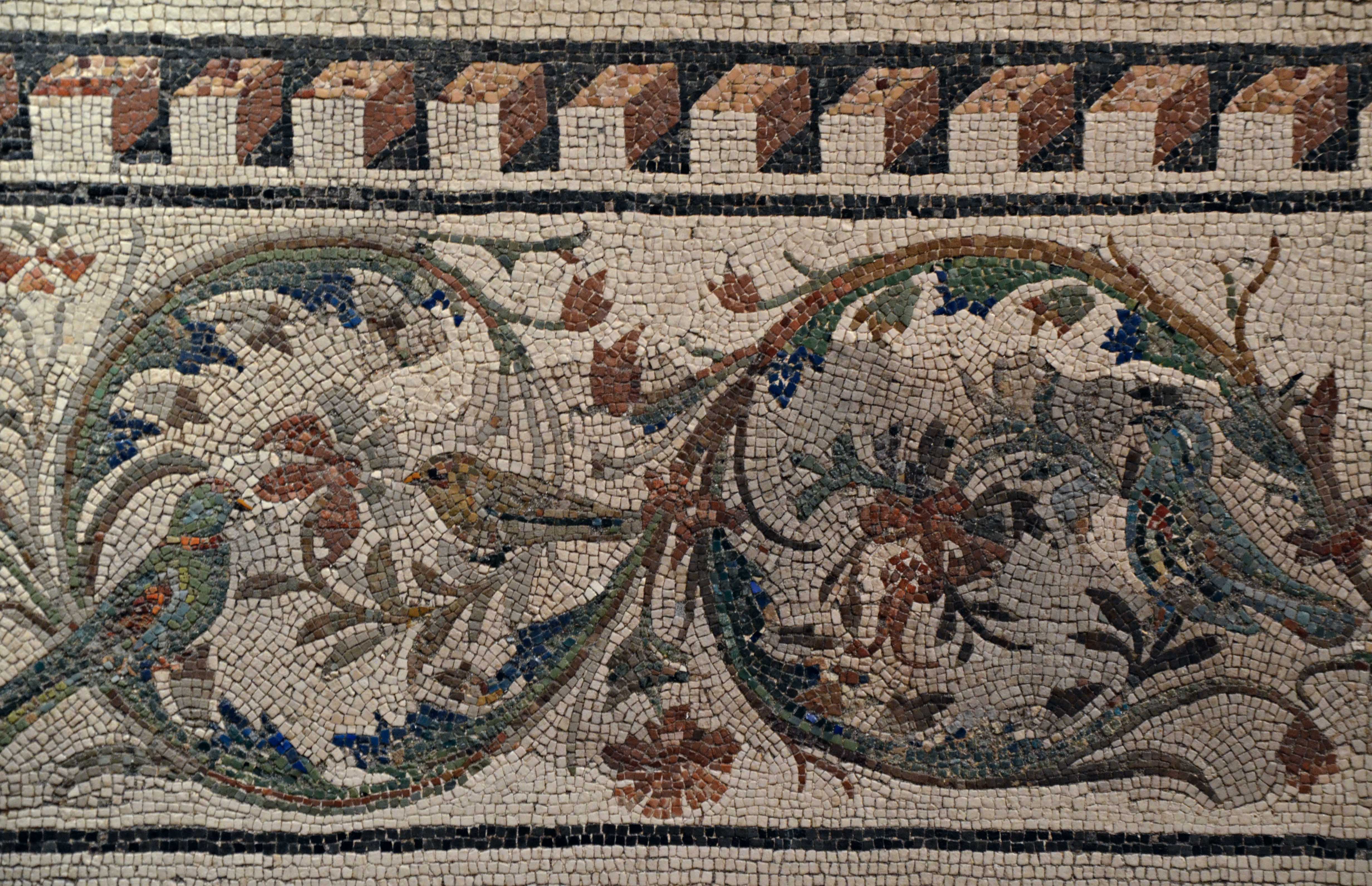 Mosaic border of acanthus spirals and animals, from the Via Panisperna in Rome, late 2nd - early 1st century B.C., once used to decorate the basin of a Roman bath, Centrale Montemartini, Rome, © Carole Raddato, Butko / Flickr2Commons