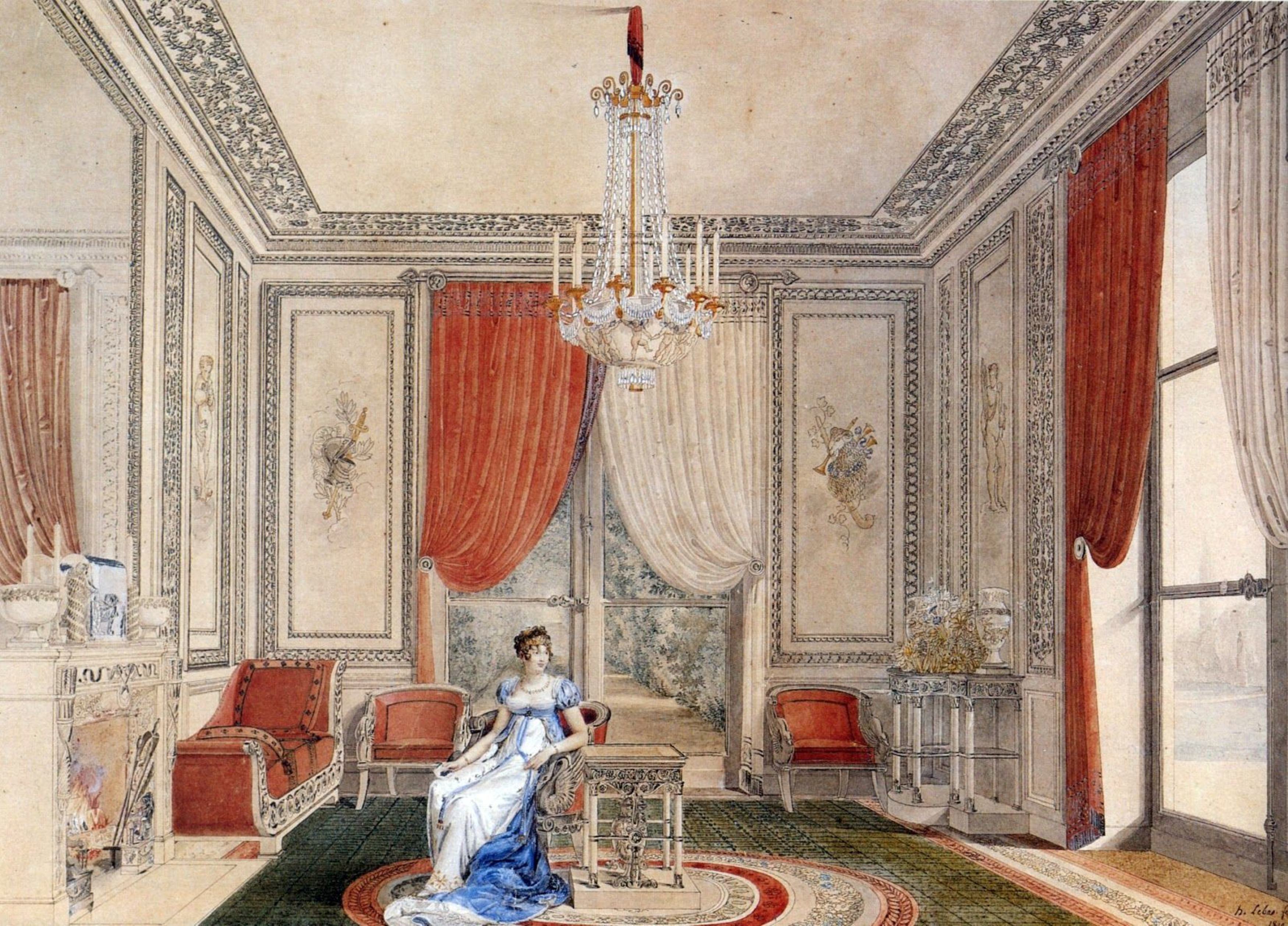 Caroline Murat, Queen of Naples, in the Boudoir of the Élysée Palace, by Hippolyte Le Bas (1782-1867), watercolor, 1810 – Private Collection © Creative Commons/BeatrixBelibaste
