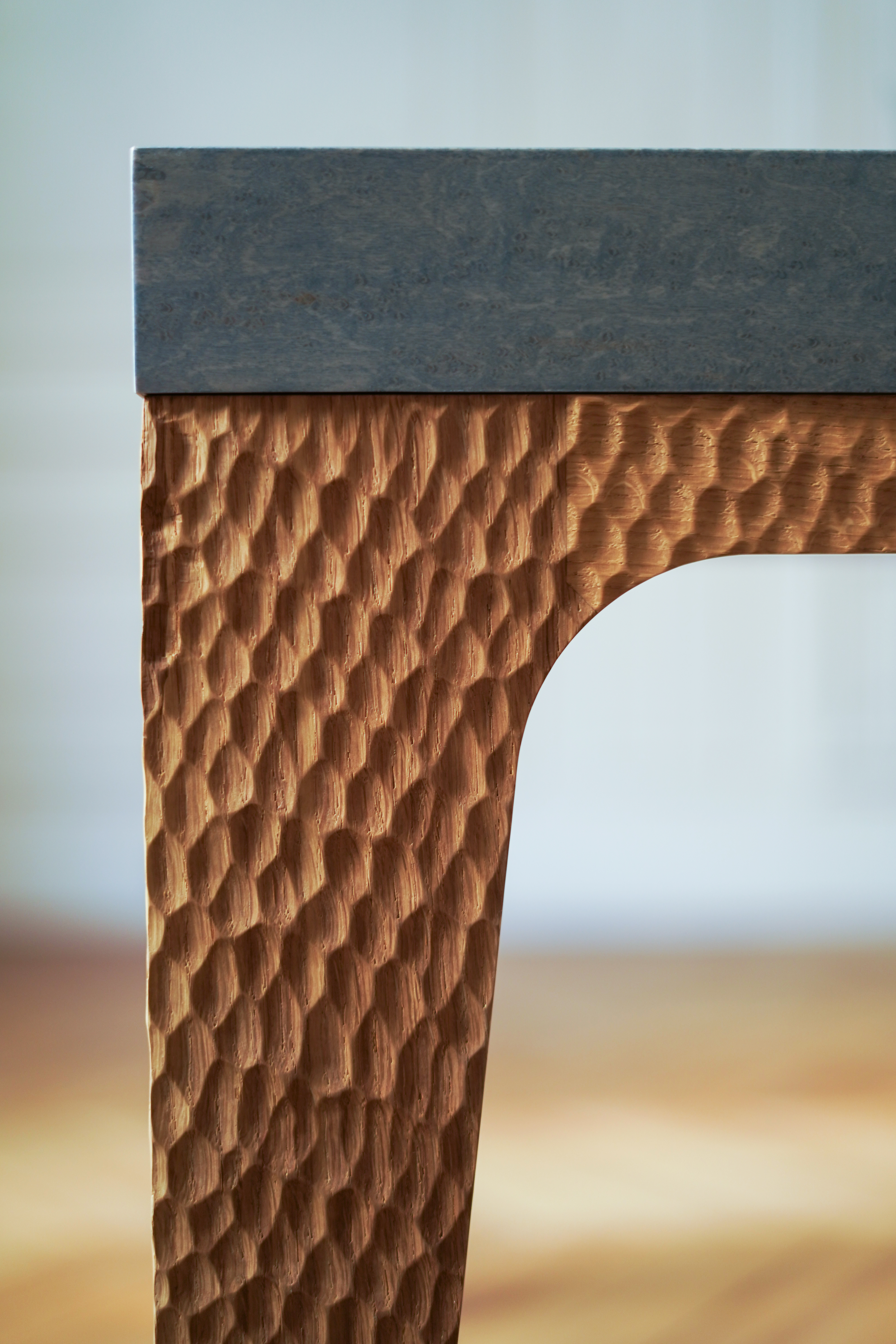 Custom Félicité Table, Gouged Wood Base