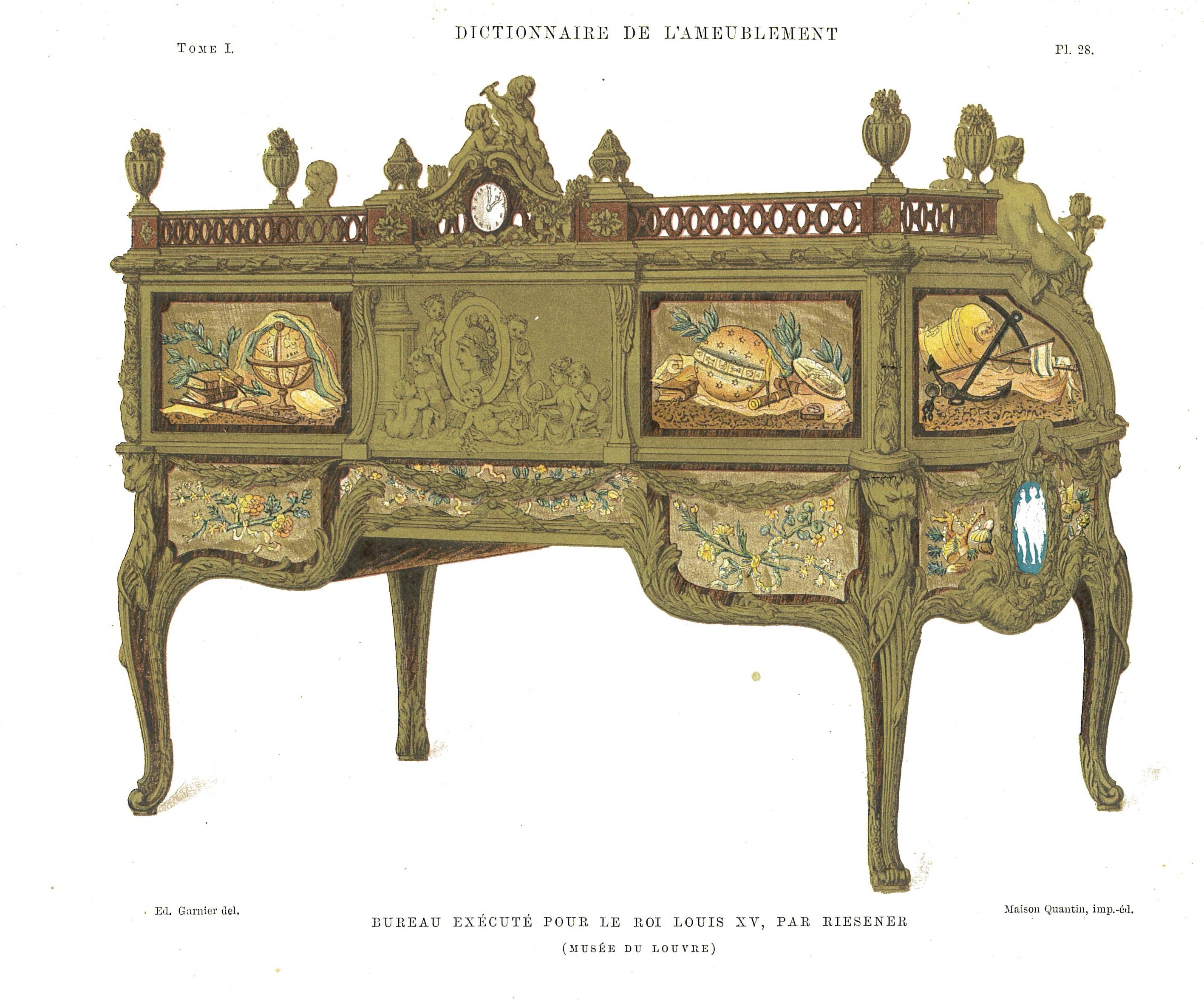 Bureau exécuté pour le roi Louis XV, par Riesner - Illustration extraite du « Dictionnaire de l’ameublement et de la décoration - Tome I » par Henry Havard, Ed. Maison Quantin, 1894