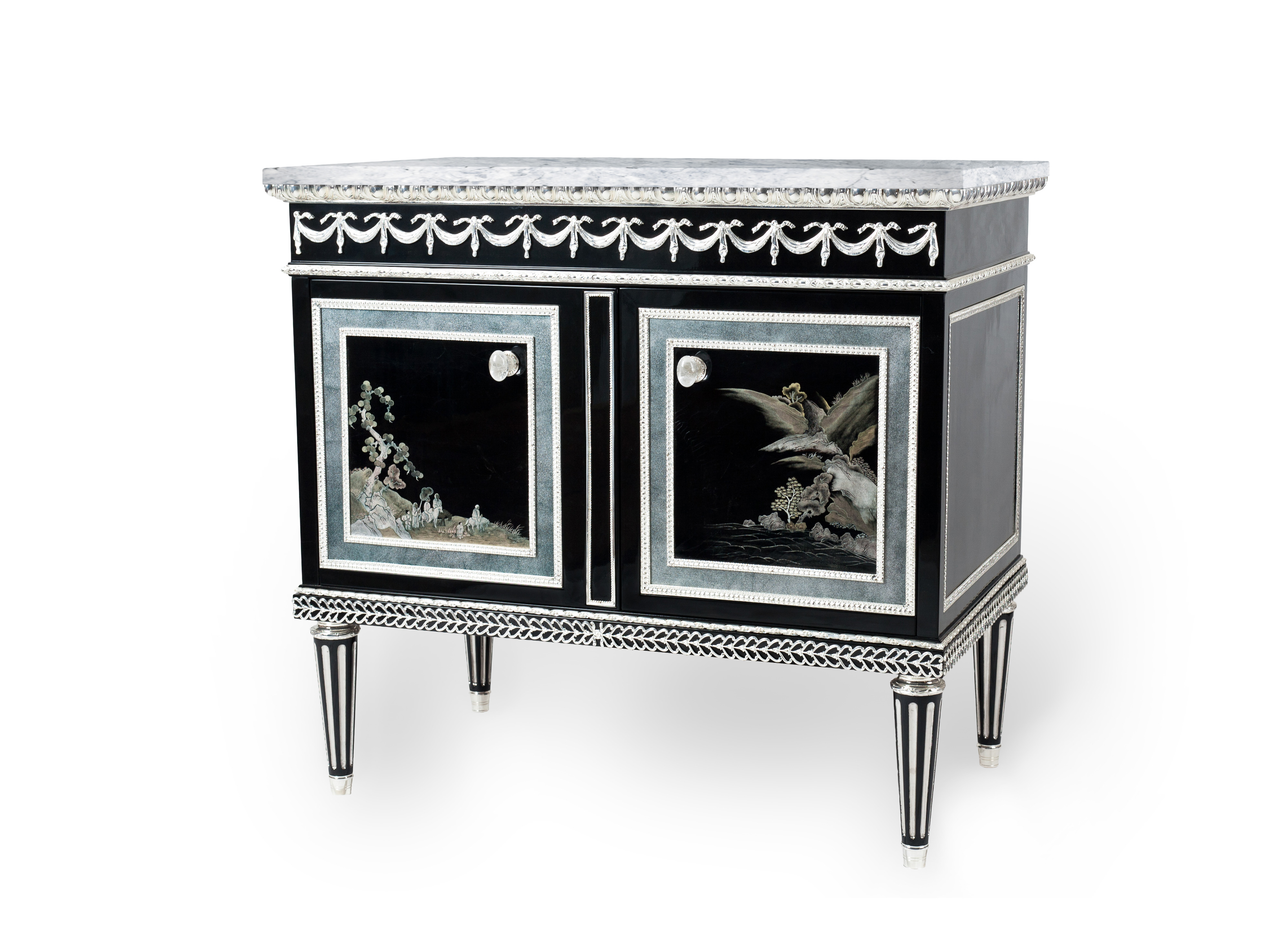 Silver sideboard, black lacquered, Chinese silvered lacquer, set of silvered bronze, 87 x 55 x 86 cm ©RINCK