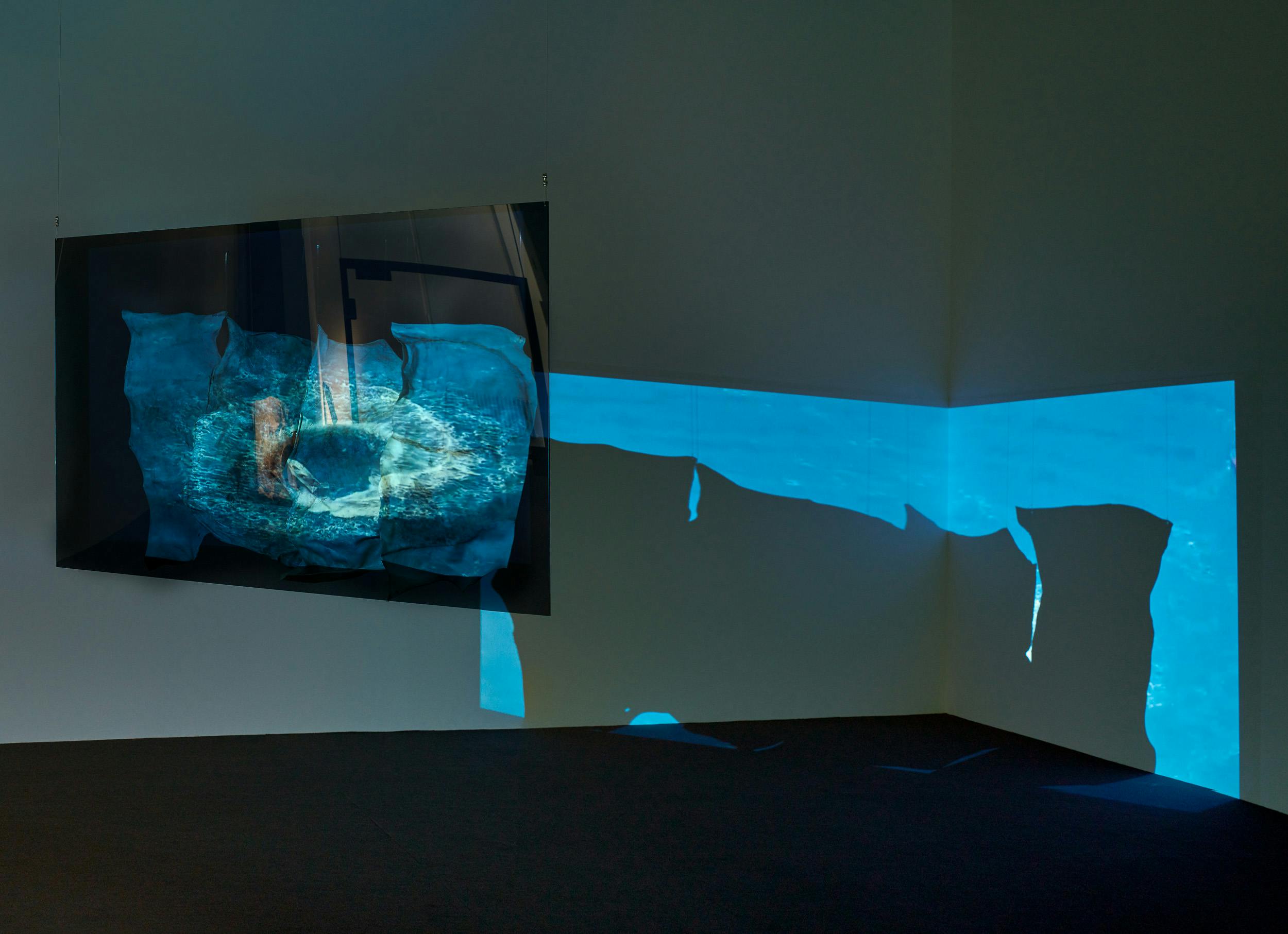 Draw a Figure round another touching it at points but not cutting it. 2019, Single channel HD Video, 1’58’’, color, sound, loop, projected onto plexiglass and aged dirt ridden rawhide, Dimensions variable. 