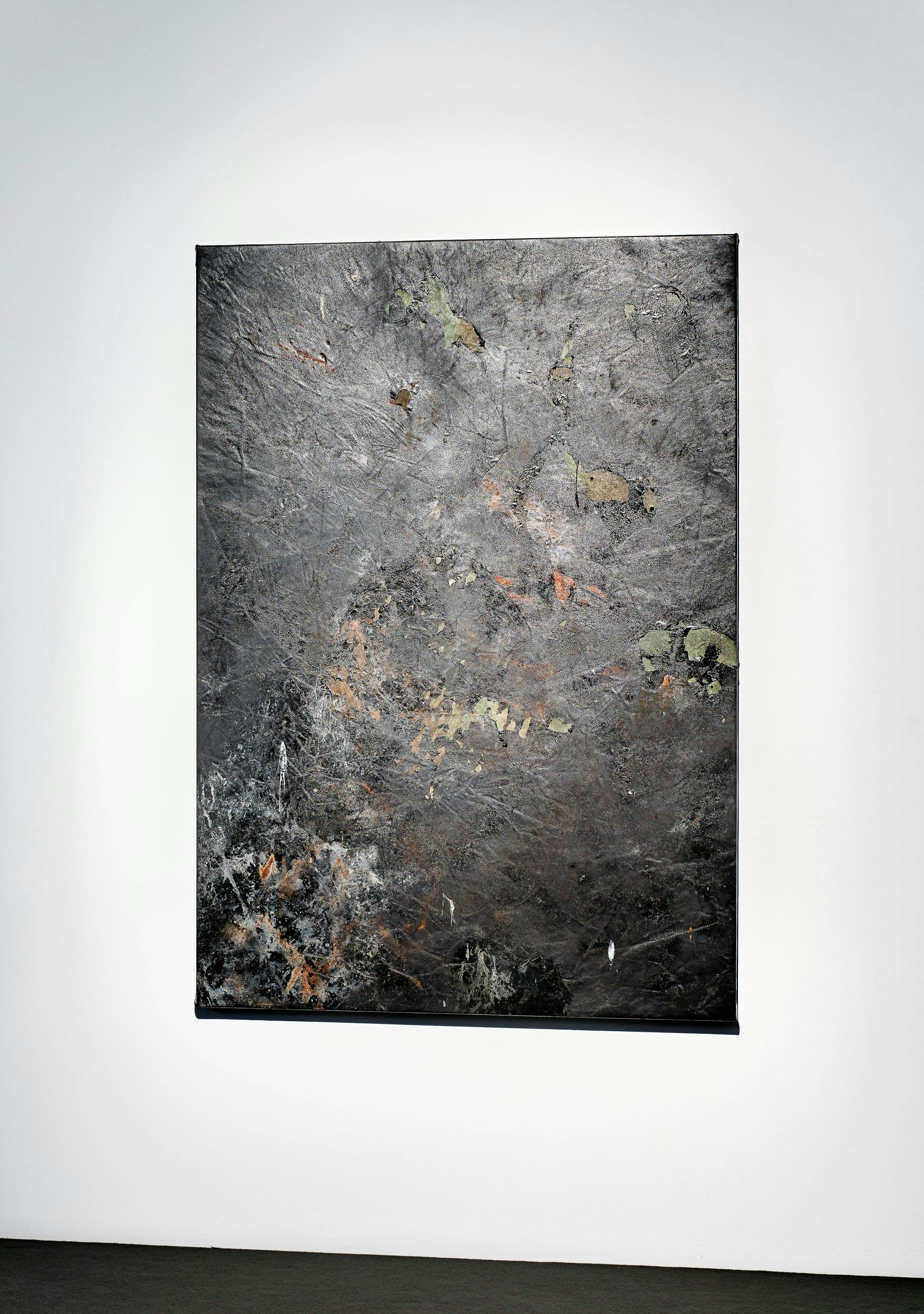 Quickly there, hasten forward. Nothing is much like what I thought it would. Living a life with yourself and the shadow of a slow-moving fan on a floor or on a collar bone. Keep me at night then. Nothing does not belong to you. It is like fishing not catching. Today we are three in number. When the landscape becomes another thing do we as we are reorganized around the new landscape. If I forget the words I’ll make them up: black ships of foreign appearance at day break and the heat and then, nothing more. 2018 (ongoing), Vaseline, ebonizing (coffee) dye, rust, leather,  167 x 117 cm