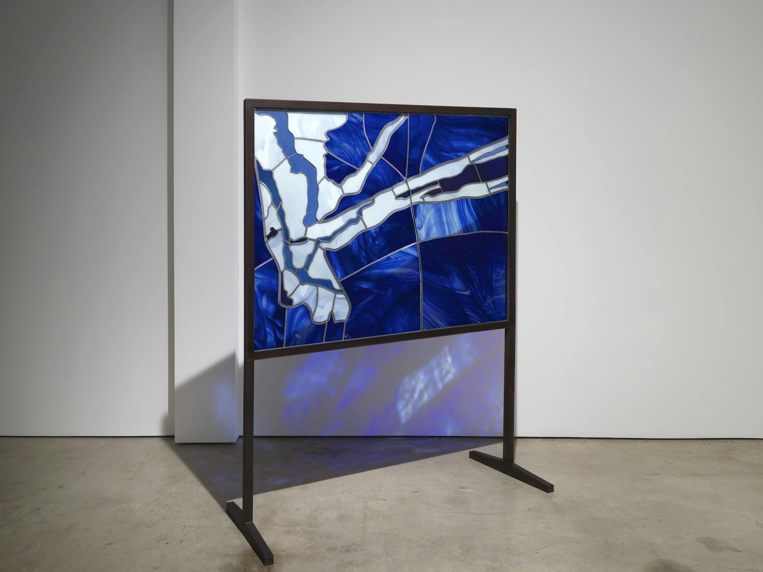 Slick meddling elbow deep errant ornament (canyon), 2022. Stained glass, patinated steel frame. 78 x 60.5 x 23 inches (199 x 153.5 x 58 cm)