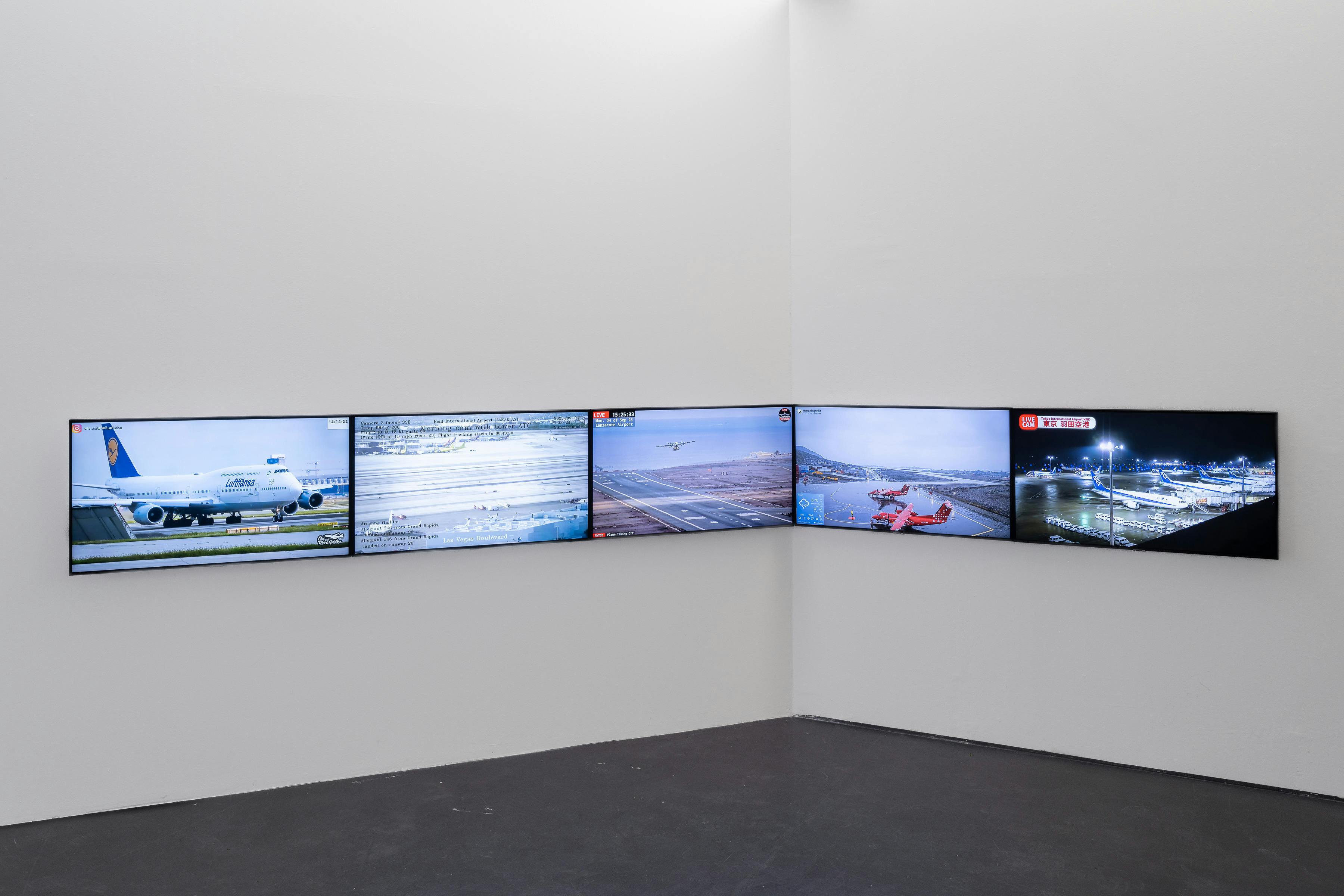 Now  you tell me. Like always, so much depends on a single white chicken in  the orchard. The splinter in your eye is the best magnifying glass.  Happiness writes white. DISMANTLE EVERYTHING! It felt better going in  than out. You know how it is, the absence of a casualty or a fatality  does not mean the presence of safety, 2023                              5 TV screens, ATC live streams and ash wood bench Screen dimensions variable
 
 Bench:
 200 x 49 x 80 cm
 78 3/4 x 19 1/4 x 31 1/2 inches