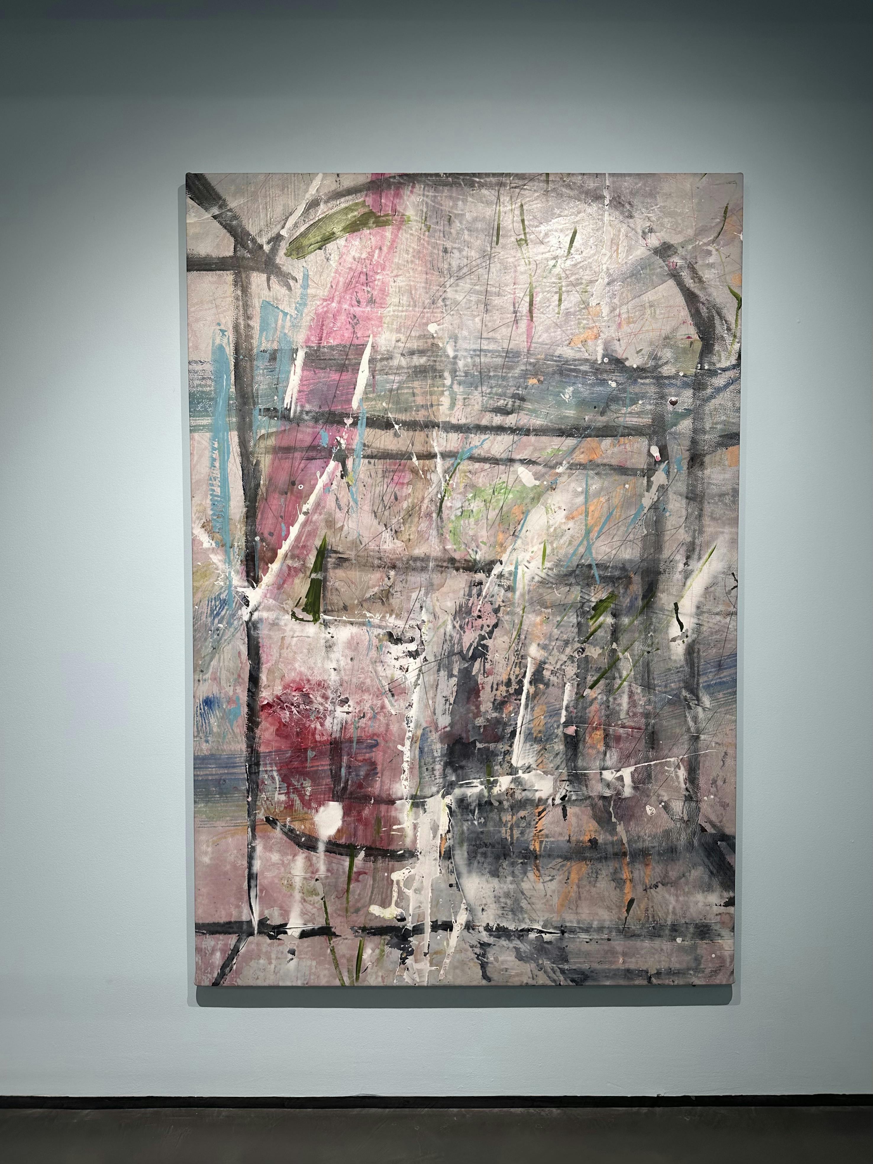 We realized that if we ran in one another’s foot prints we could go faster You’d go first and the way we went it was like this, you get out of the van and you smile at me, chubby cheeks and stubble and you run, long, red brown dirt, a small fissure always moving through it where water has run and stopped and run again, you keep going and the eucalyptus get taller and stronger, now I was first, and high off that, my eyes always surprised when the hills open for the sea and in this there is a muddle that’s black in my mind now, and anyways there were horses and the horses we’d pass them and we’d always switch here and I’d find your steps and your stride, just breathing not talking, I can’t stare at anything or I’d lose your footing, and if it was winter it would be green, a wobbling vibrant green like a jogging toddler or the first movements of a fin, and then you keep going and it’s my turn again and the grass gets higher and and the path narrower and I can feel my arms pumping and I move towards the burn in my legs why are you always lower somehow, you’re getting lazy, you come in front of me, you slow me down and it’s all yellow and sage and the dirt gives way to whatever sand is just before it is sand, and then you keep going and the mountains keep growing and you’re cut right between a line amongst a bunch of curves and if I didn’t stop every time to watch you I think you’d be dissatisfied, then you start to go uphill one more time, leaving the flood plane and me and that’s it, you’re there, you beat me, I lost your footsteps, and the ocean and the inland tide pools lay down at our feet like lazy cats or our most beautiful friend, bored greeting, this would be the moment we’d race to the big rock to the right, to touch it even if the tide was high, I breathed so hard and I could never catch you, sometimes you’d turn and open your arms and throw me in the ocean and then join me realizing I’d either make you freeze or you’d never be able to catch me racing back to the van and the blankets and the hot water with lemon which was so spartan but very much you and later we’d cross the mountain, to Stinson to watch our friends surf or to not do anything but wind and wind our way to the lighter sand, the inlets, the whipping sand on our faces and then once more back over the hill to watch the sun tuck itself away. 2024 Leather, watercolor, acrylic paint, bleach, wax, crayon, and colored pencil 195 × 119 cm 