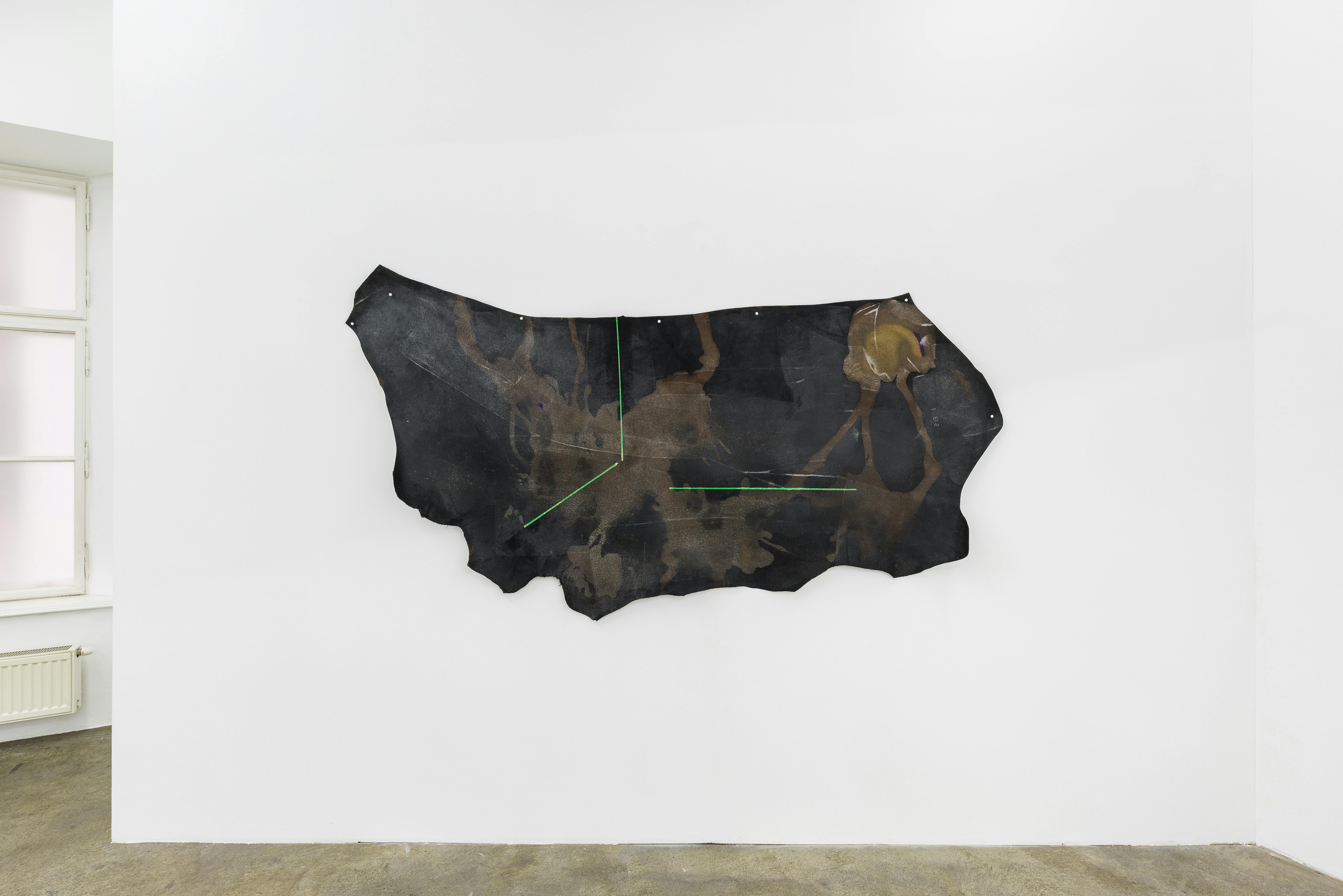 Mountain Whale (Not even the birds are happy to see me) Harbor, I’m  round, I’m round in one piece, doing a bottom, I don’t know if it hurt,  the white of an engine, a wall of rushing water, your ankles on my cheek  bones, cake in the day, and then at the half moon, moby doll, 2022,  leather, bleach, vinyl paint, crayon, and nails, 122 x 226 cm 						