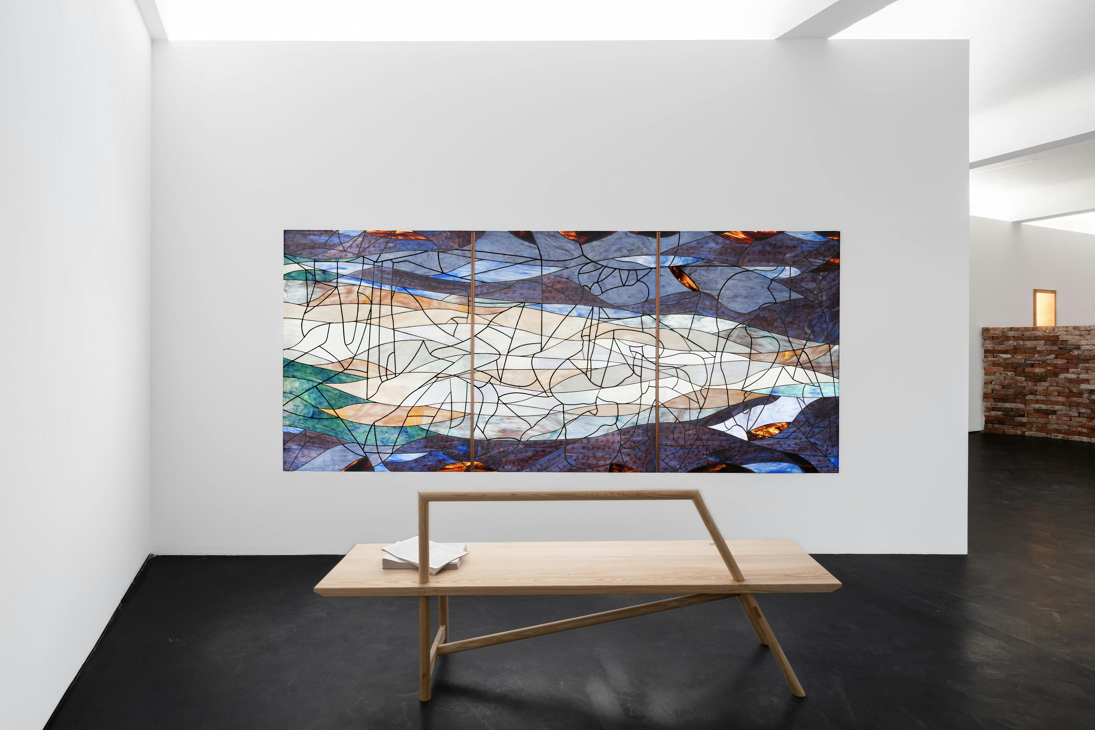 Clattering, 2021                              Stained glass work (3 panels) and ash wood bench Glass work:
 360 x 158 cm
 141 3/4 x 62 1/4 inches
 
 Bench:
 200 x 49 x 80 cm
 78 3/4 x 19 1/4 x 31 1/2 inches