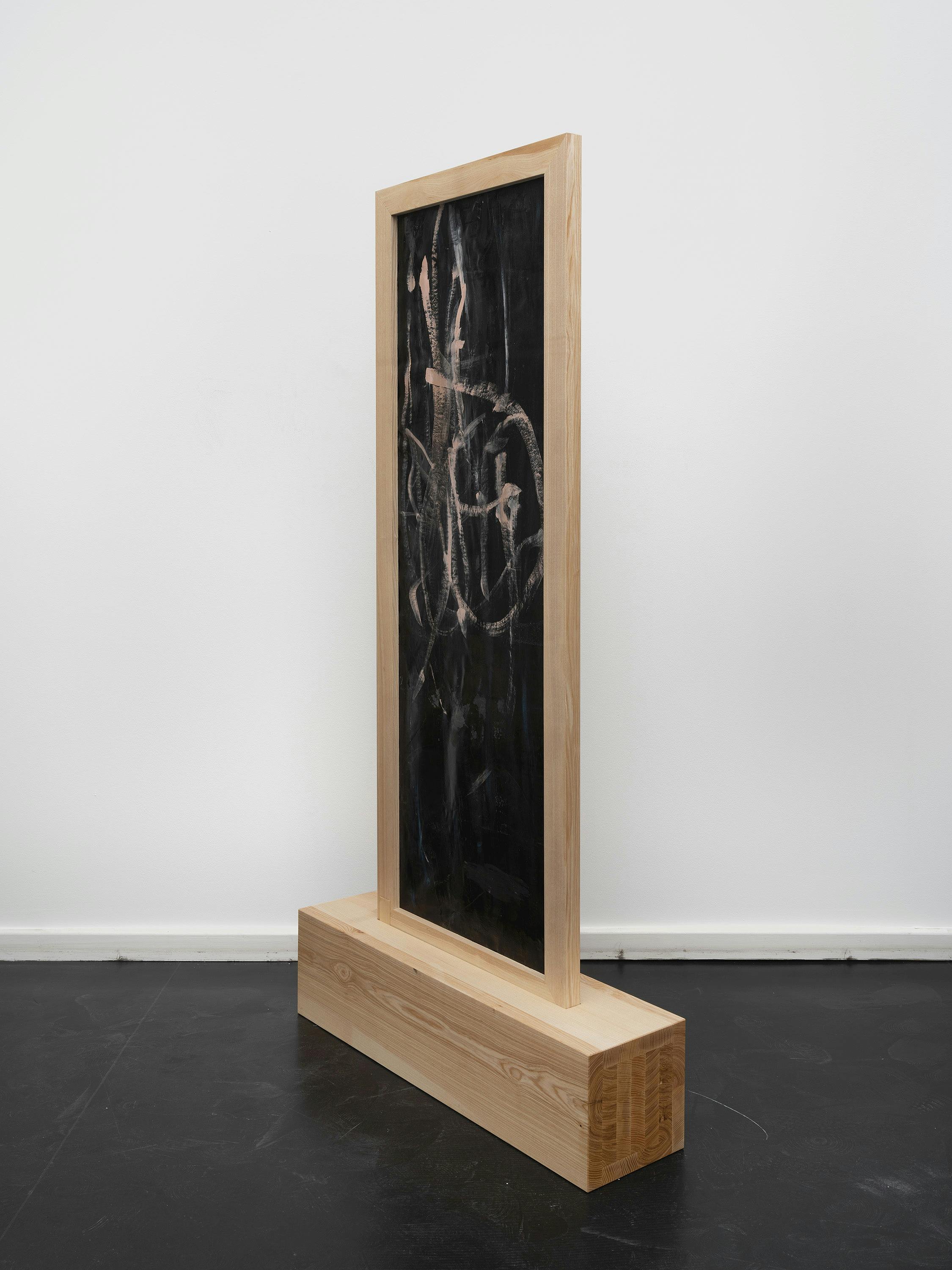 Paths  wind through woods. Dogs chase their tails. Smiles light up faces.  Laughs echo loudly. Dreams take flight. Hopes rise high. Waves roll  gently. Children skip merrily. Words convey thoughts. Maroon. Time heals  wounds. Minds seek answers. Fates twist and turn. Truths reveal slowly.  Lives unfold daily. Manifestation is such a chore. Say it a loud, see  it how mouths: a companionable environment can engender impressive  thirstiness, 2023                              Ash wood, leather, crayon, oil, colored pencil, acrylic and wax 188.5 x 100 x 24.5 cm
 74 1/4 x 39 3/8 x 9 5/8 inches