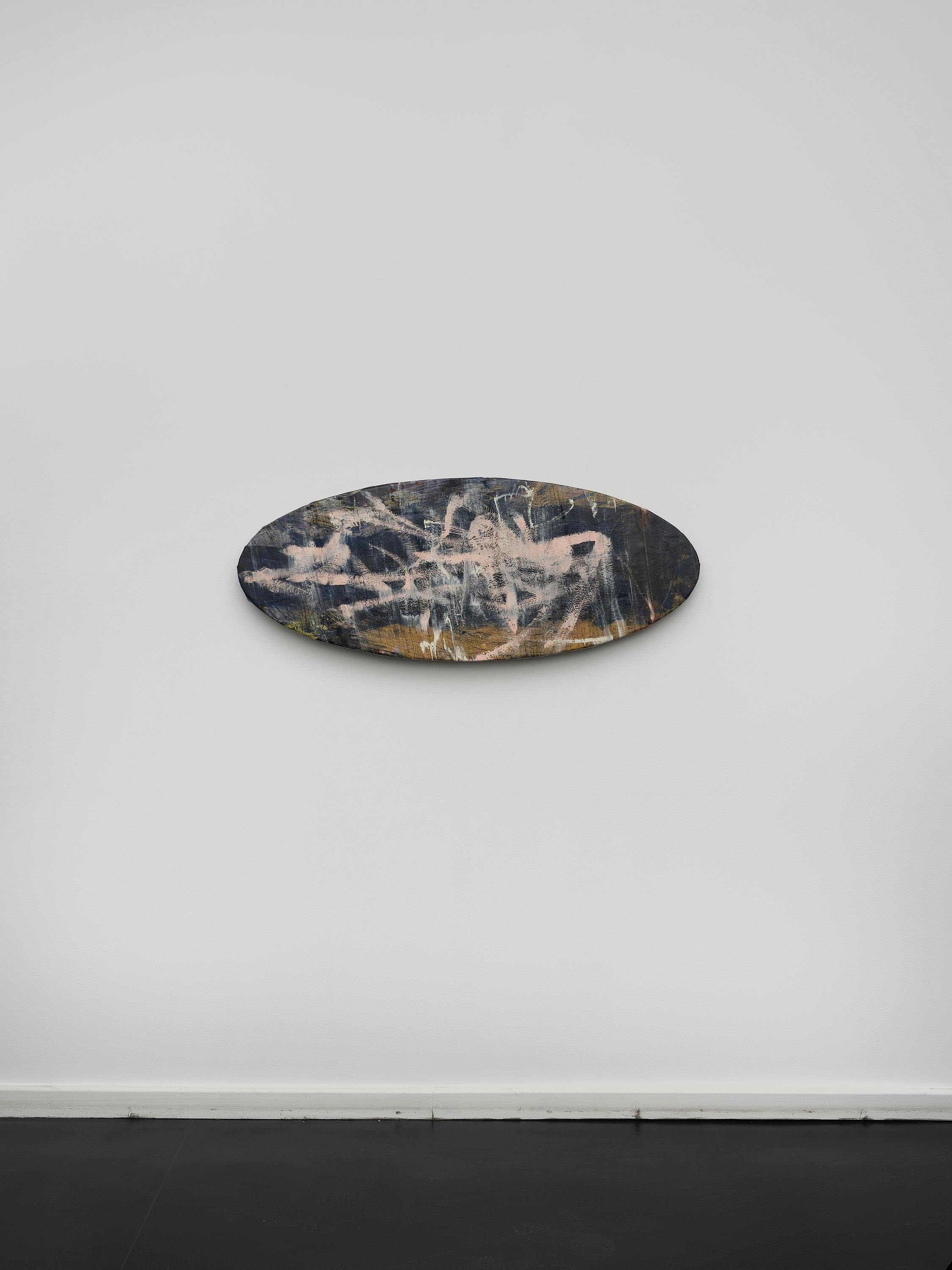 Open:  I want it to say, procession. Turn around and have a look at the river.  Crocodiles have red eyes at night. Have a look at the river, now  pretend you’re me. Now ask yourself., 2023                              Leather, crayon, oil, colored pencil, acrylic and wax 116 x 46 x 2 cm
 45 5/8 x 18 1/8 x 3/4 inches