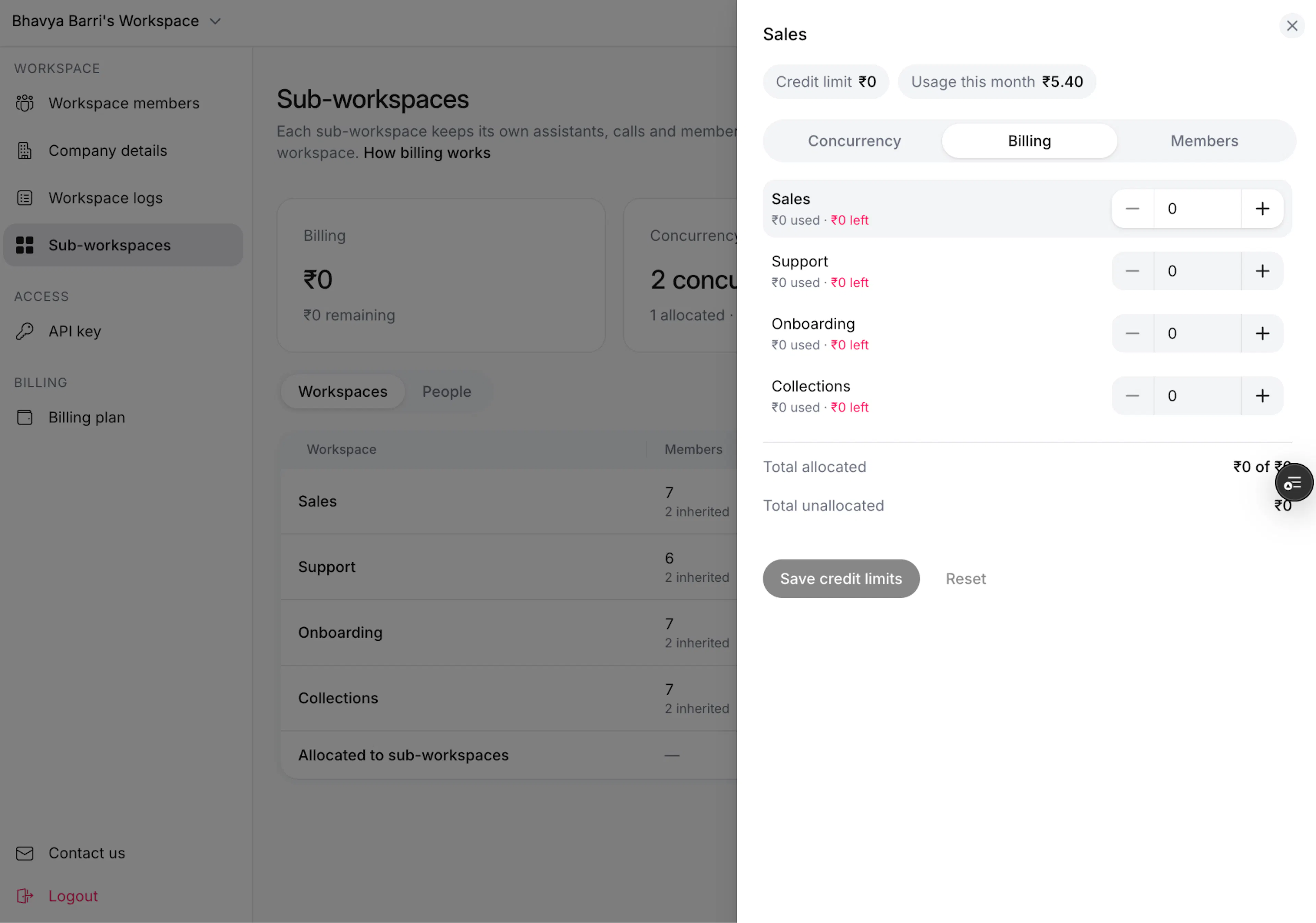 Configure individual postpaid credit limits or prepaid wallet balance for a Ringg Space