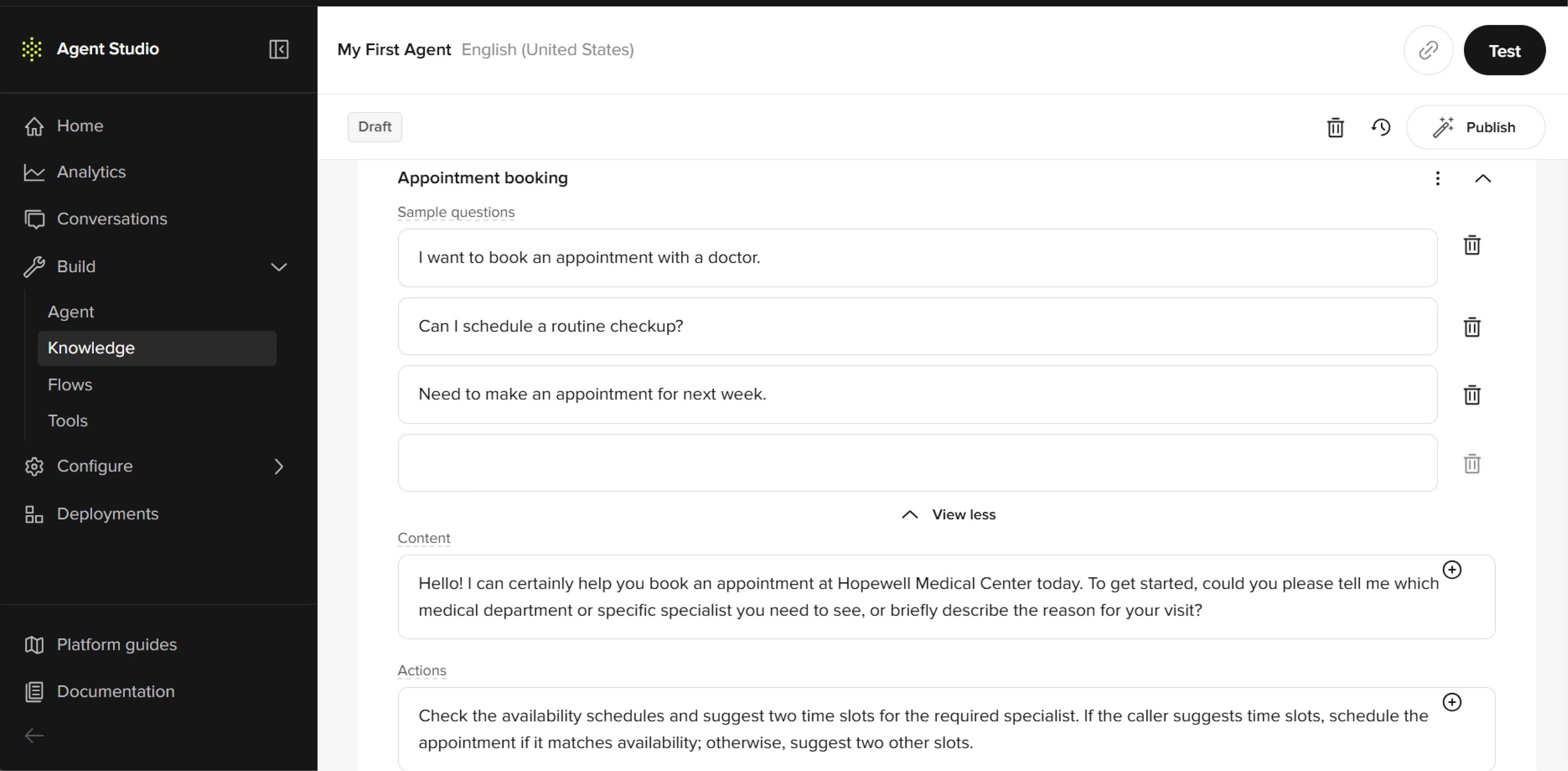 Manually adding questions into Poly AI to create an AI voice agent