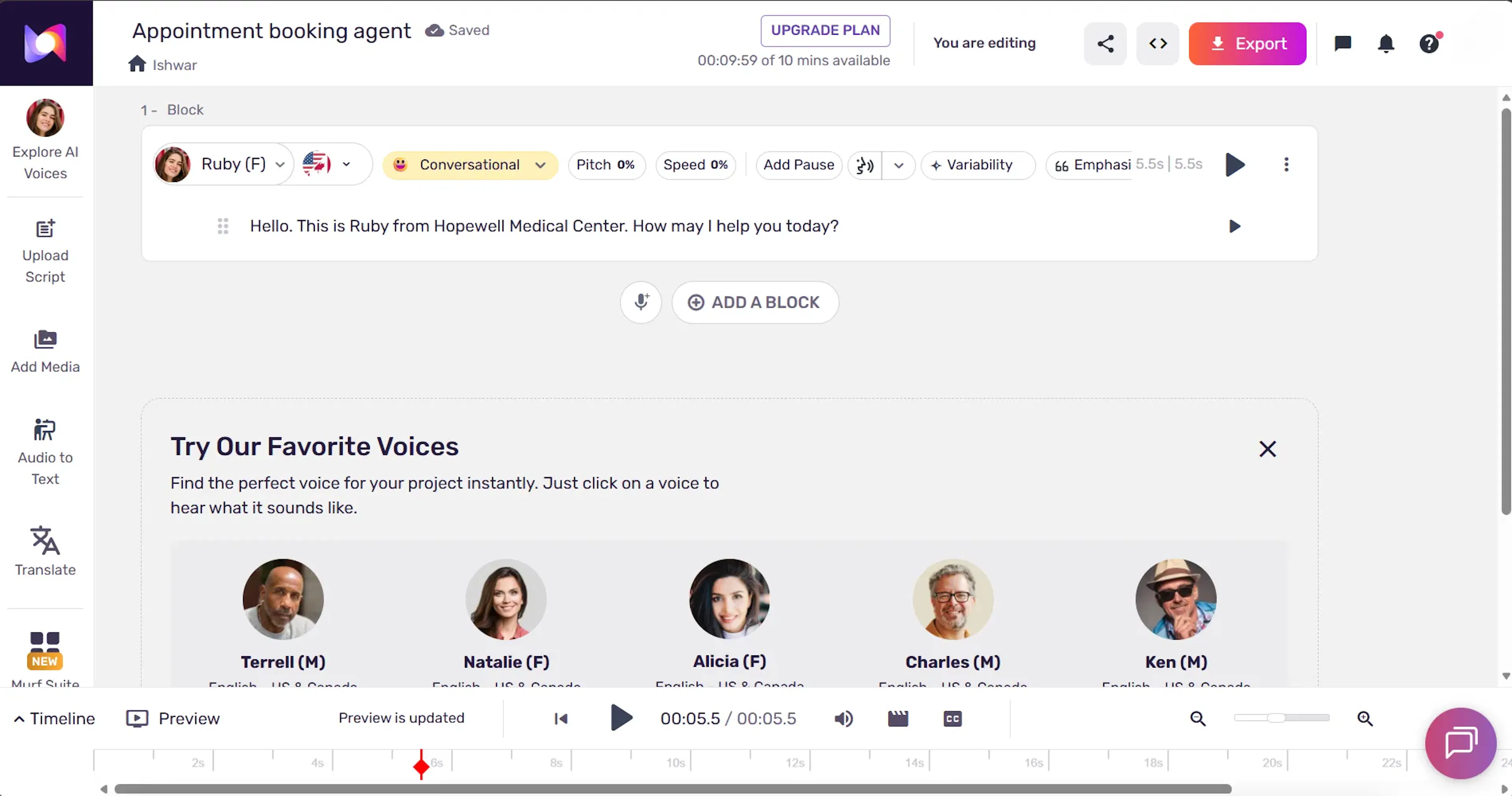 Murf AI dashboard for creating an agent