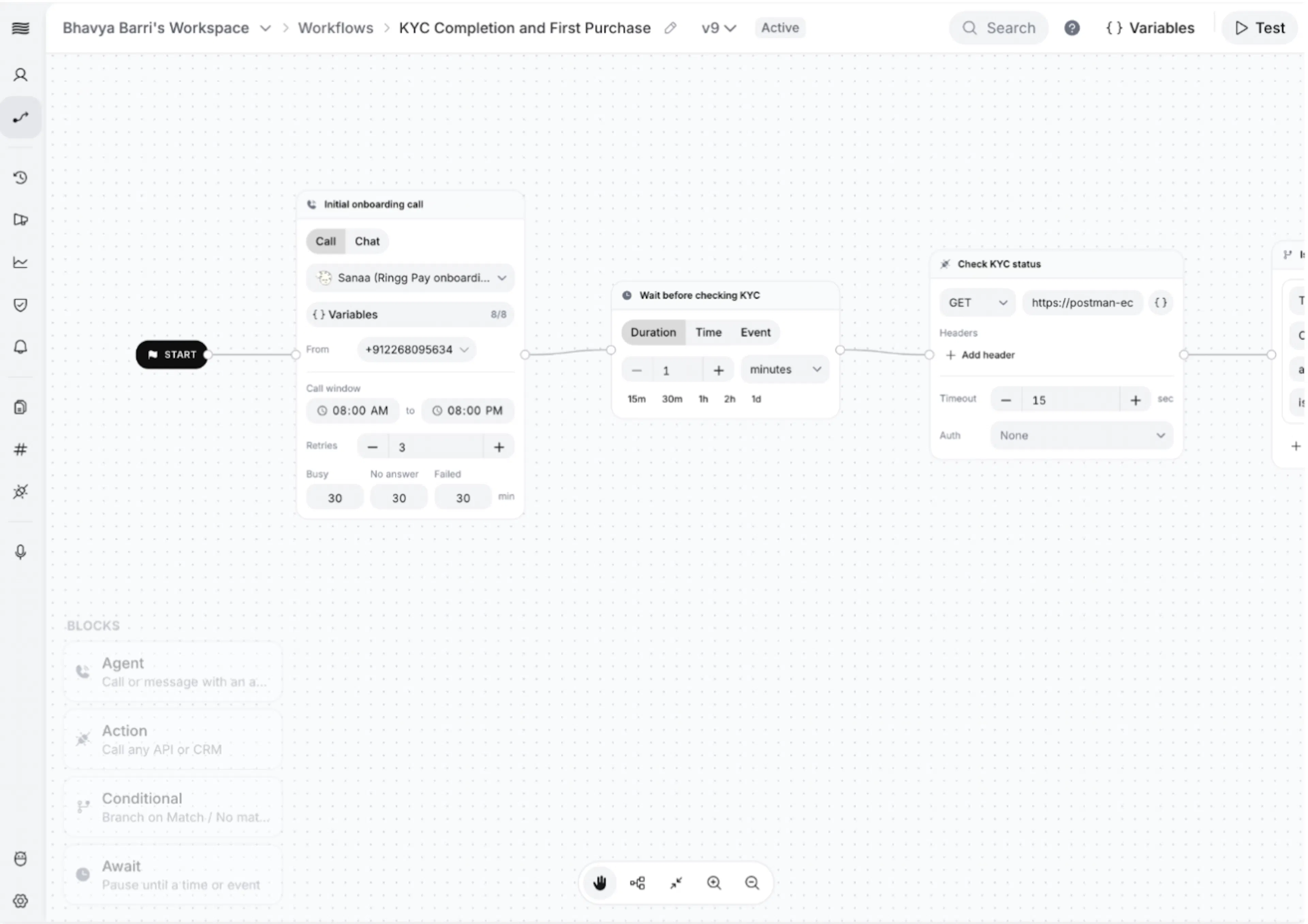 Start with an Agent block, pause with an Await block, and use an Action block to retrieve the latest customer status