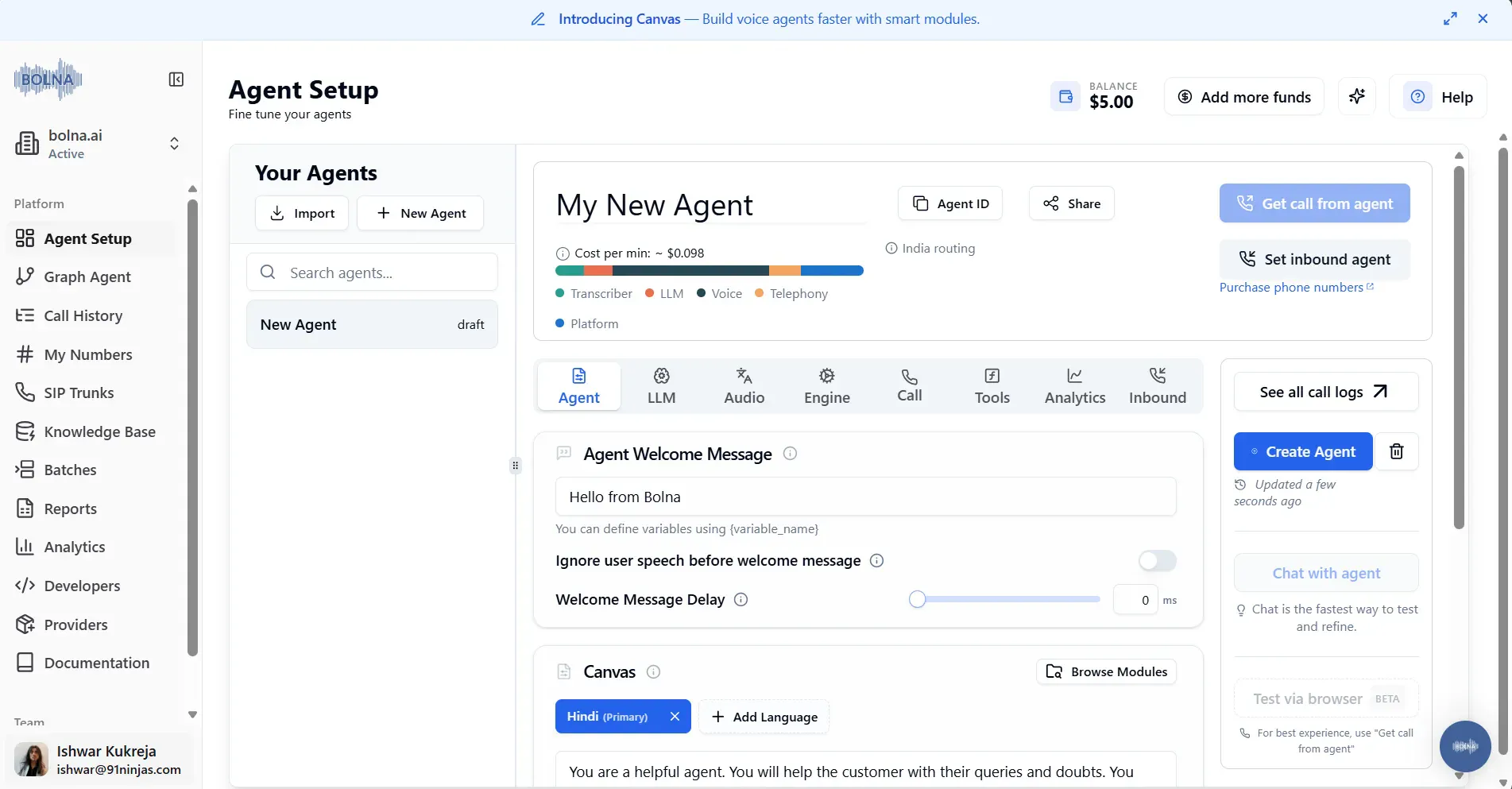 Creating an AI voice agent on Bolna AI