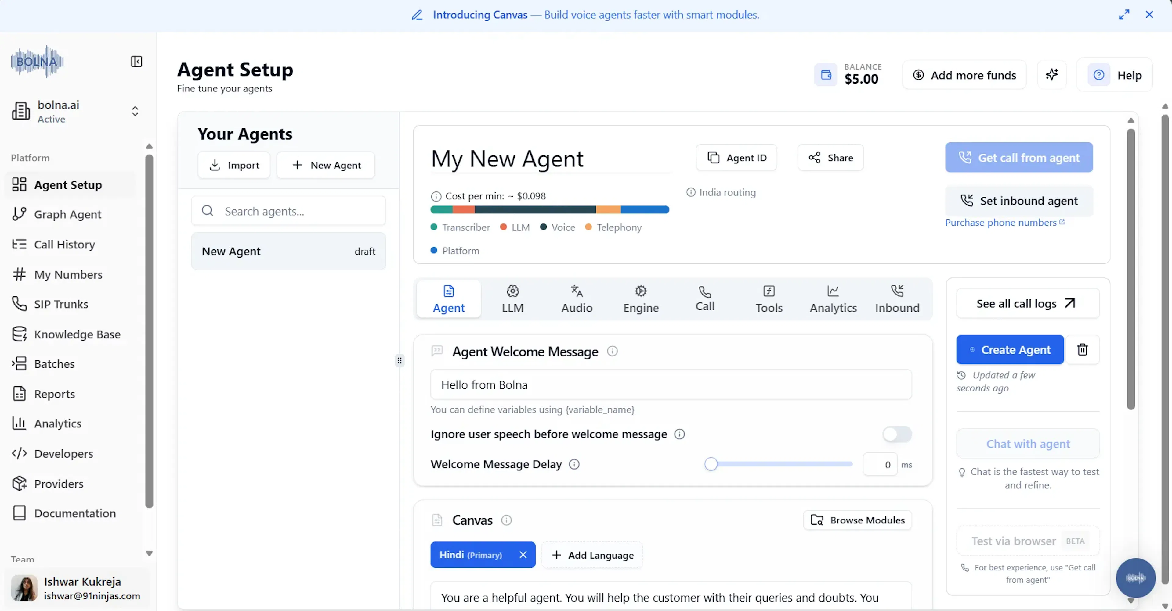 Creating an AI voice agent on Bolna AI