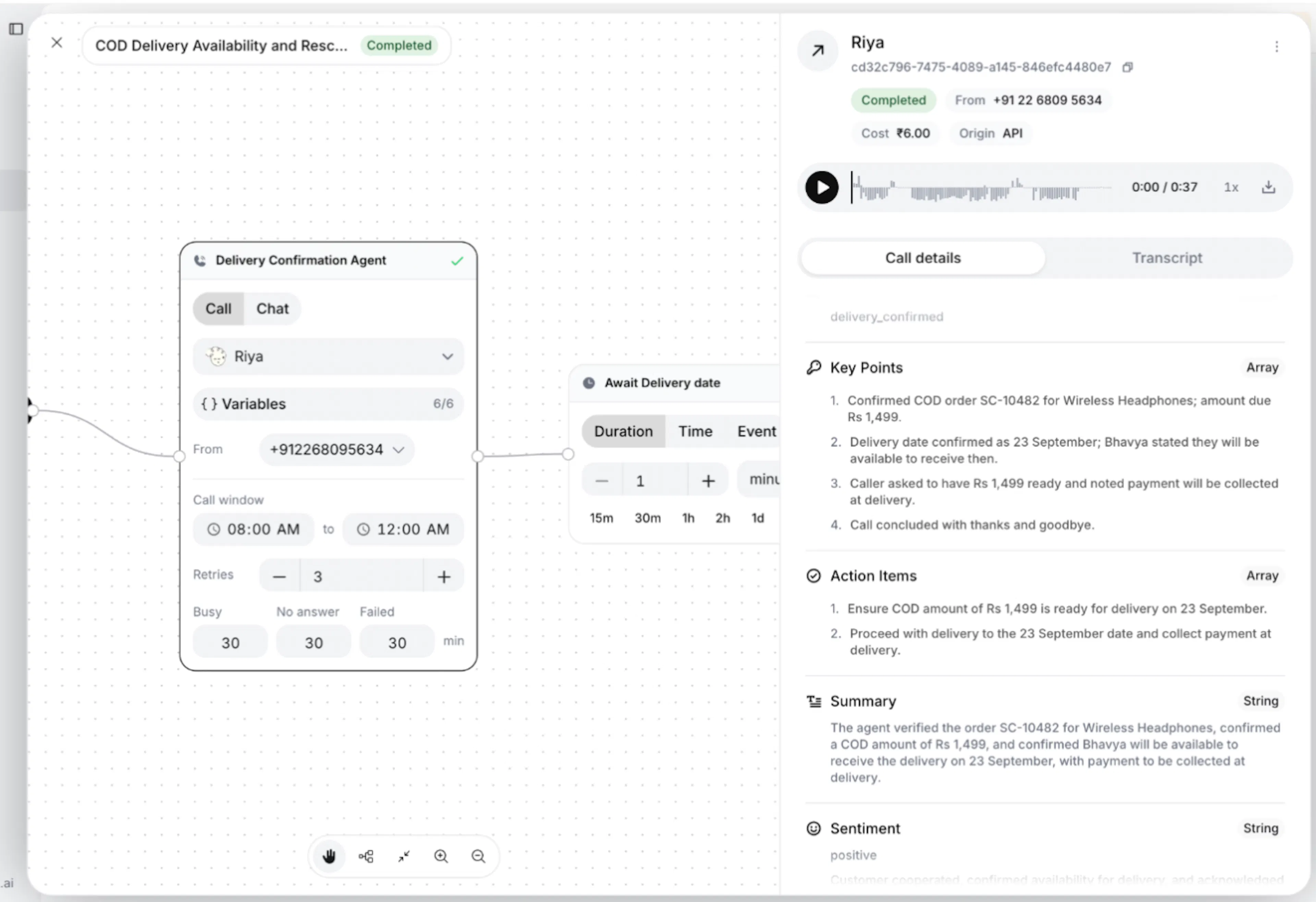 Open a run to inspect the completed path and conversation outcome